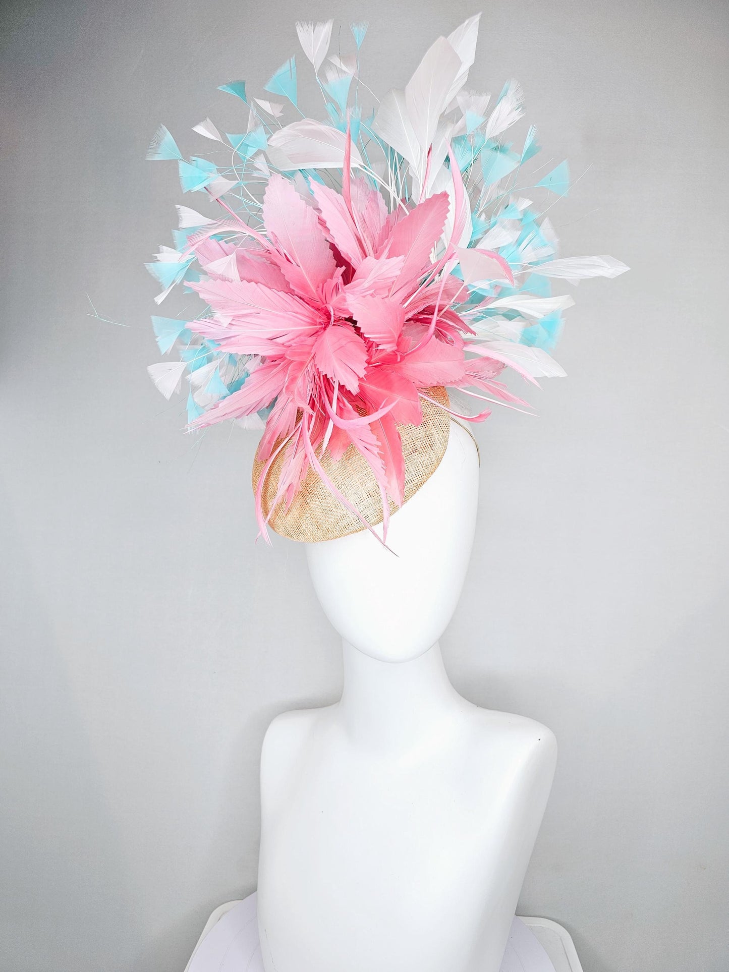 kentucky derby hat fascinator neutral champagne sinamay, large fluffy baby pink feather flower, turquoise blue white branching feathers