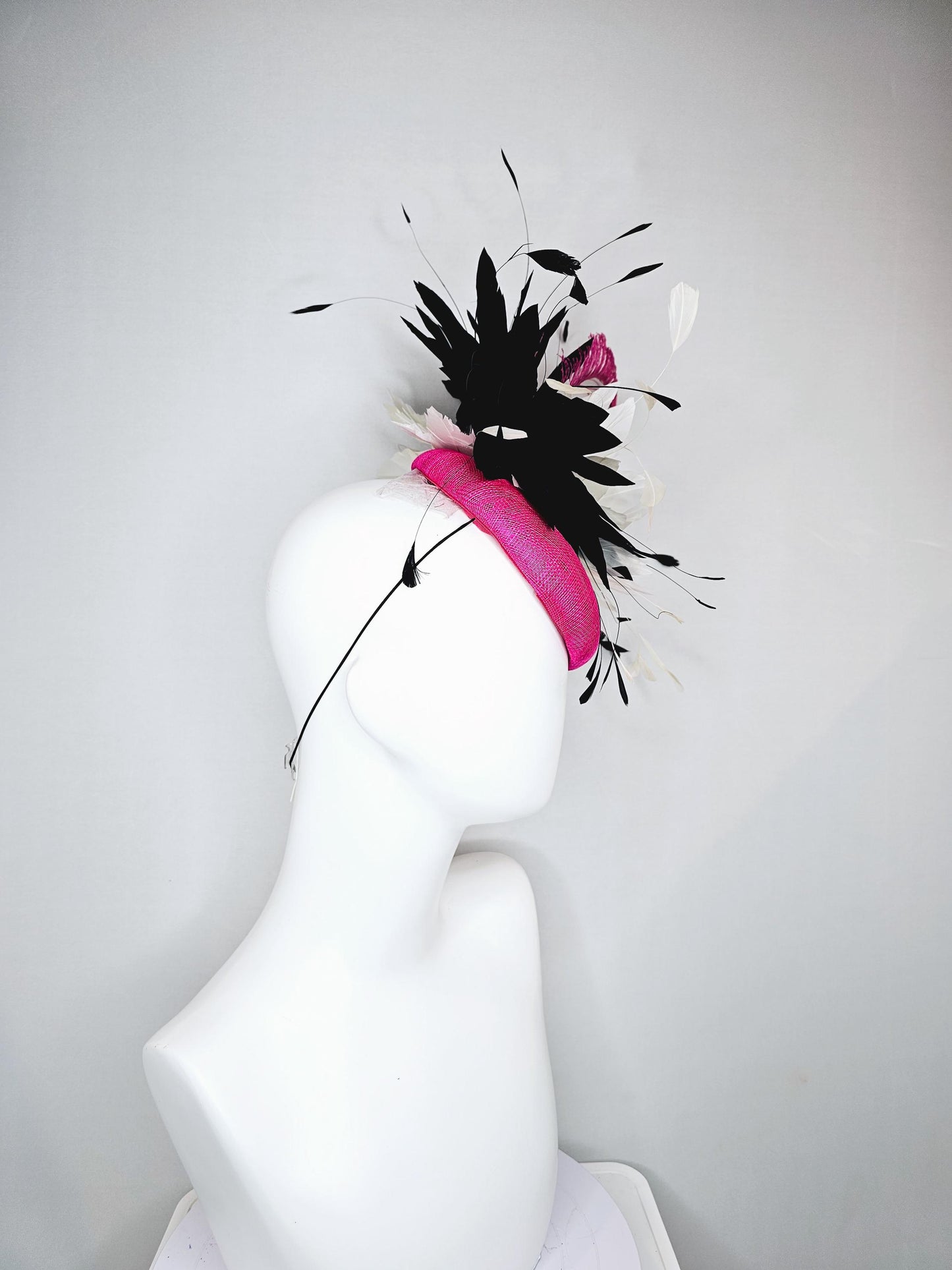 kentucky derby hat fascinator pink fuchsia sinamay, large fluffy black and white ivory feather flower, pink fuchsia feather