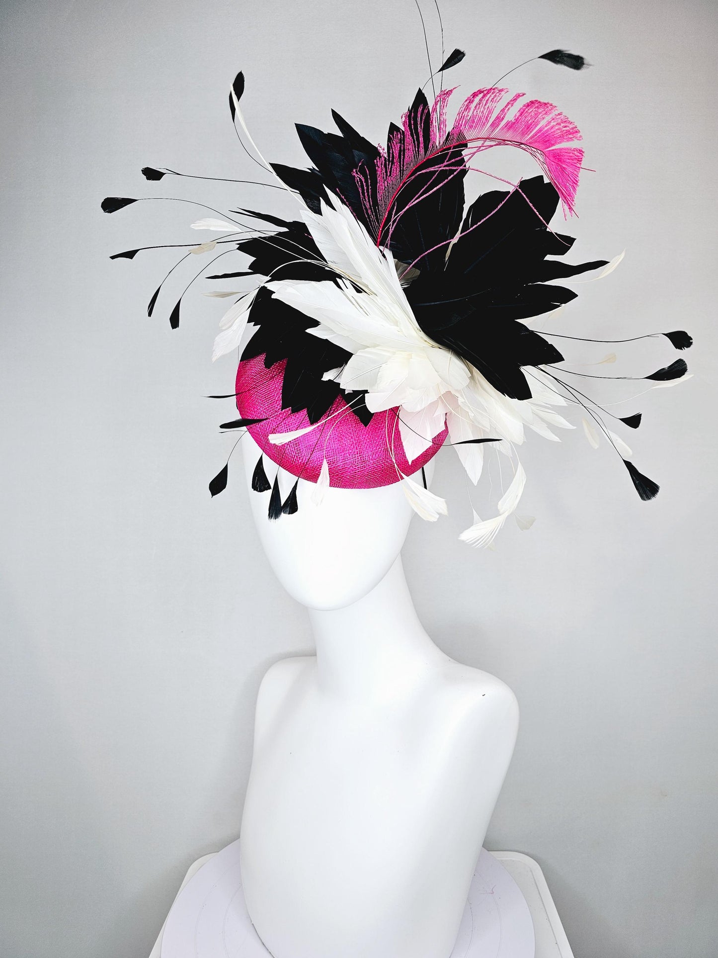 kentucky derby hat fascinator pink fuchsia sinamay, large fluffy black and white ivory feather flower, pink fuchsia feather