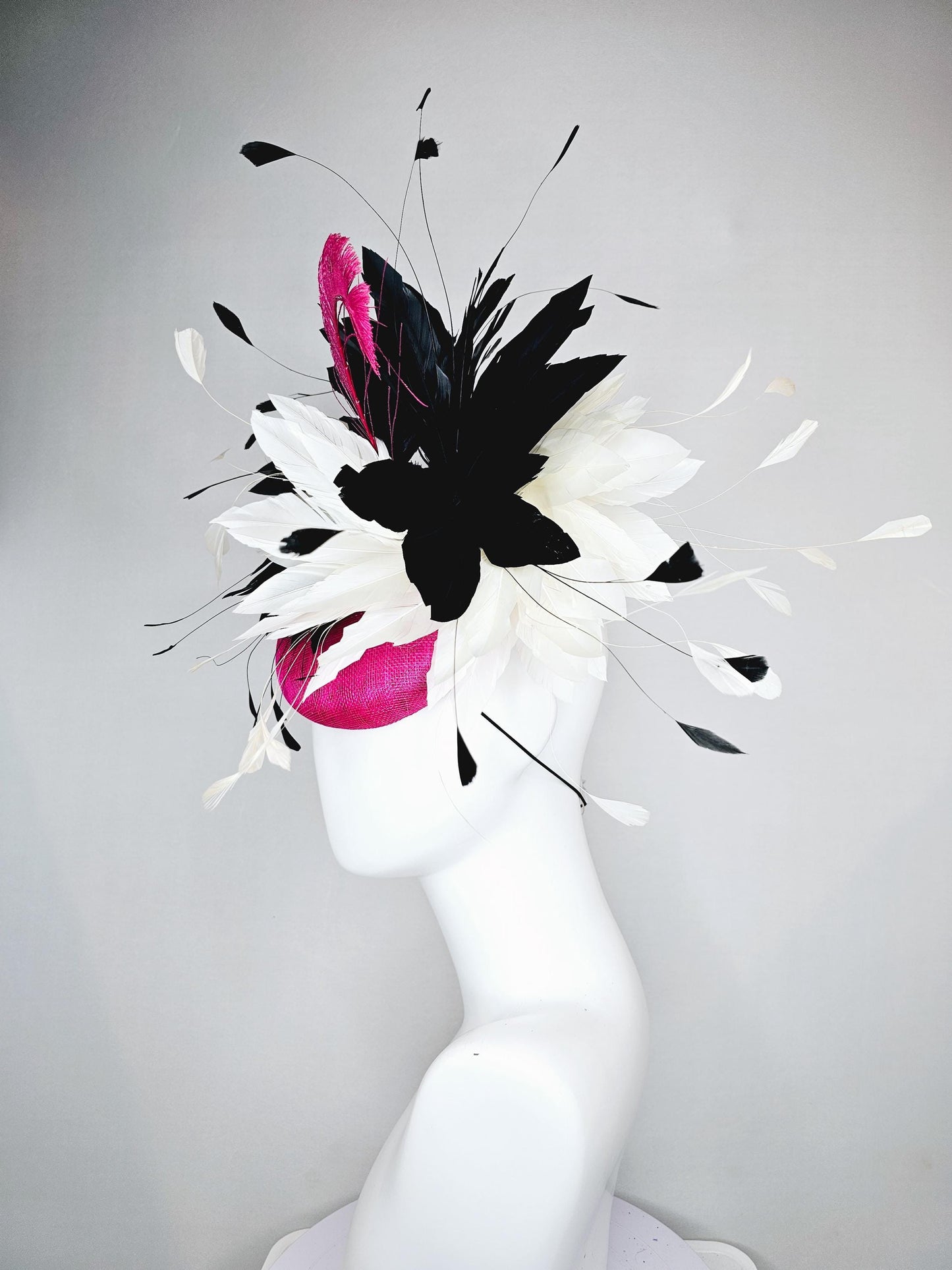 kentucky derby hat fascinator pink fuchsia sinamay, large fluffy black and white ivory feather flower, pink fuchsia feather