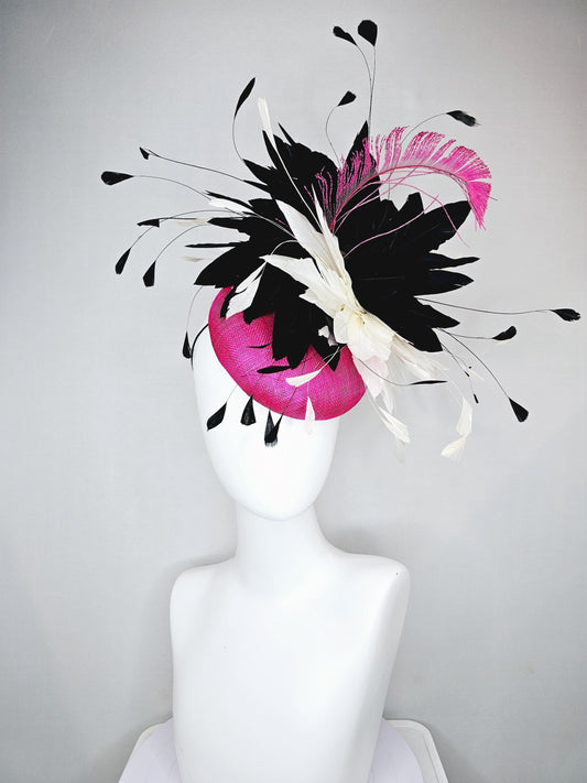 kentucky derby hat fascinator pink fuchsia sinamay, large fluffy black and white ivory feather flower, pink fuchsia feather