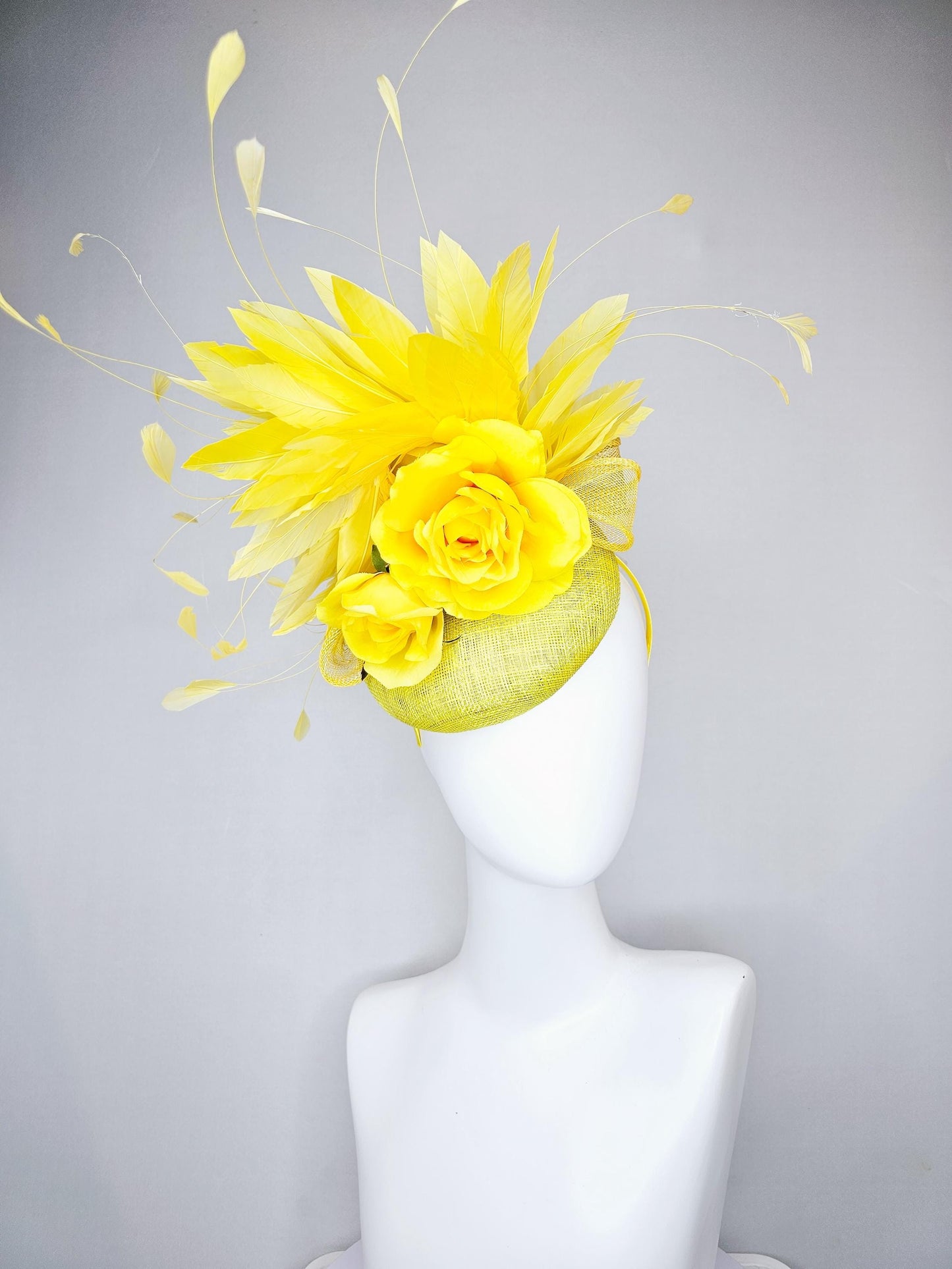 kentucky derby hat fascinator yellow mustard sinamay,bright yellow satin rose flowers,yellow branching feathers,yellow mustard sinamay bow