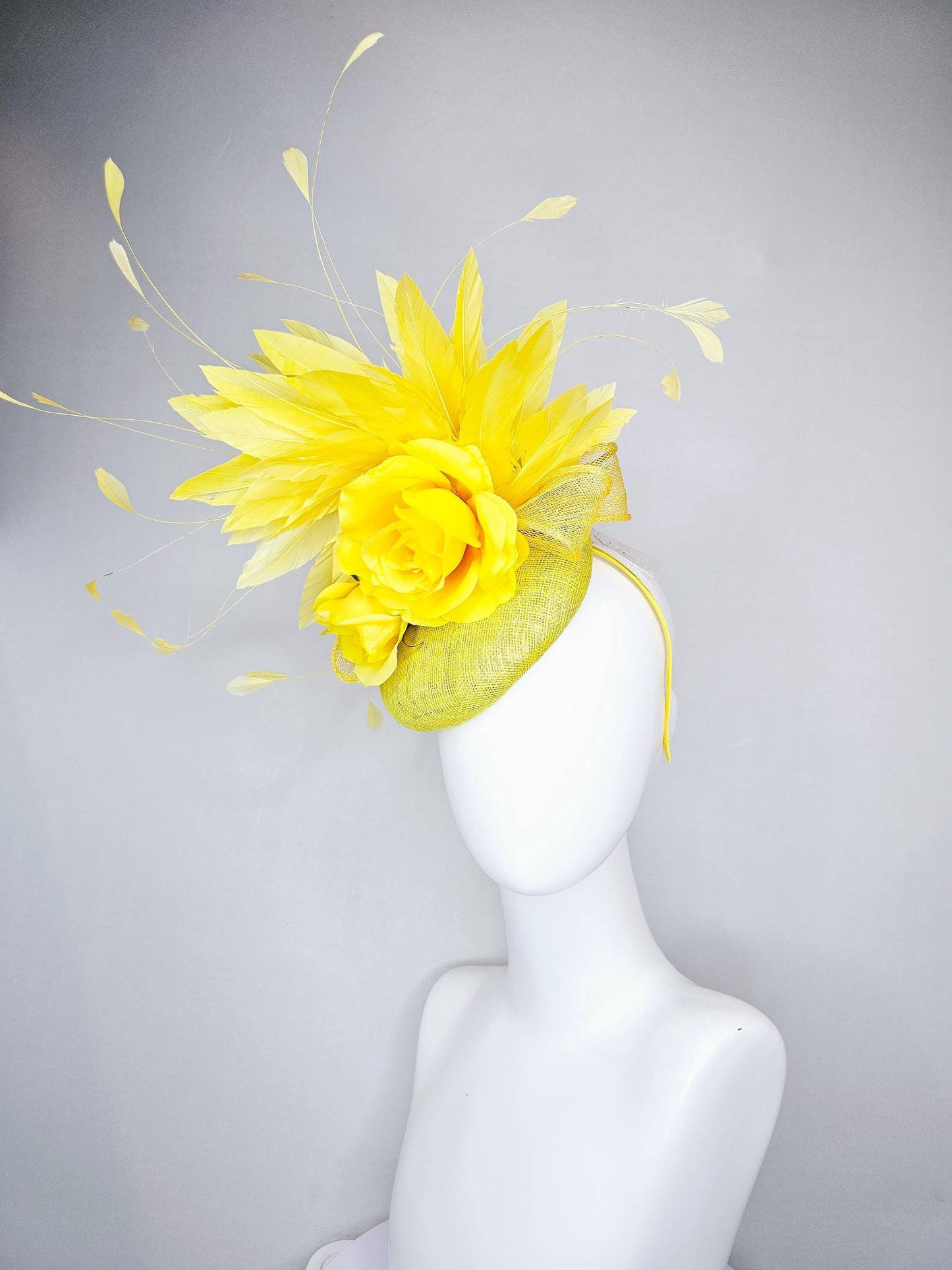 kentucky derby hat fascinator yellow mustard sinamay,bright yellow satin rose flowers,yellow branching feathers,yellow mustard sinamay bow