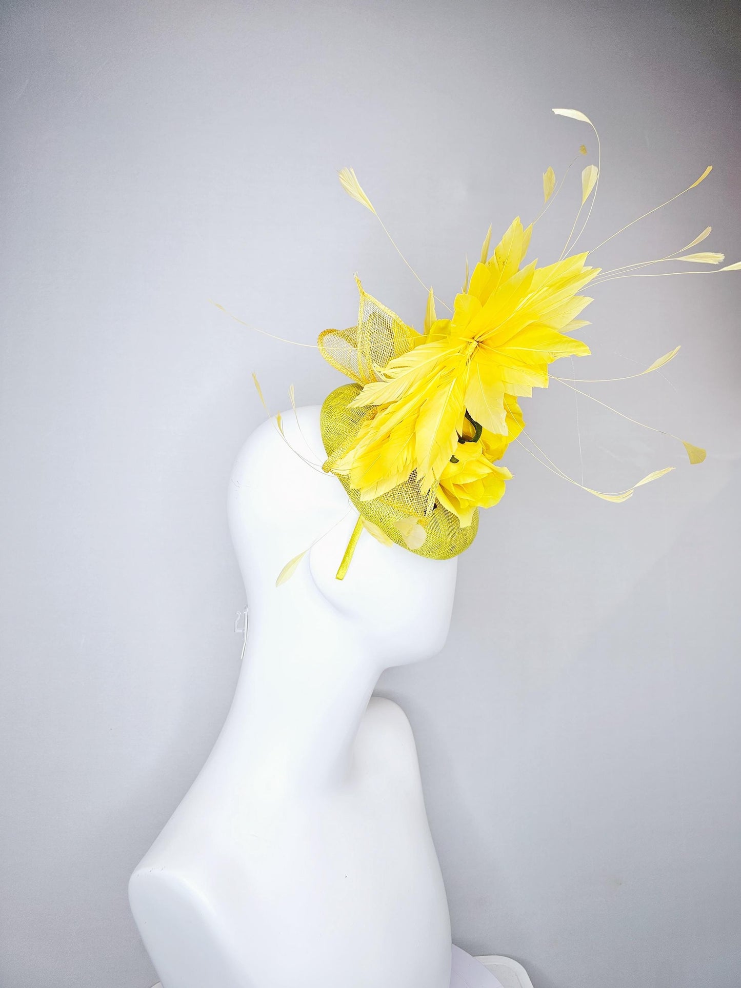 kentucky derby hat fascinator yellow mustard sinamay,bright yellow satin rose flowers,yellow branching feathers,yellow mustard sinamay bow