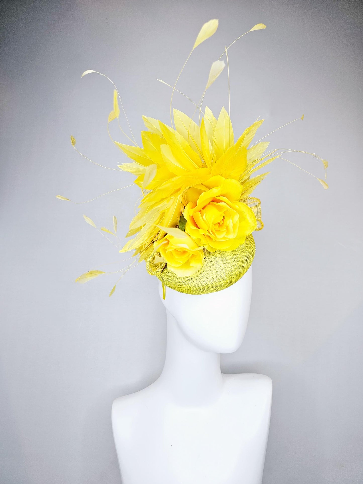 kentucky derby hat fascinator yellow mustard sinamay,bright yellow satin rose flowers,yellow branching feathers,yellow mustard sinamay bow