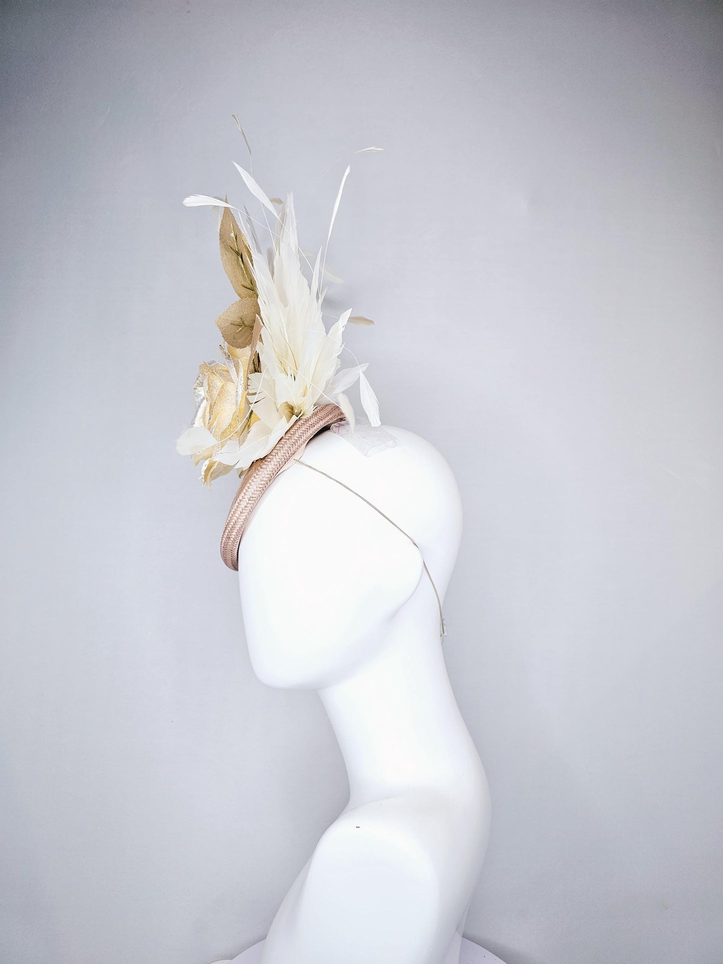 kentucky derby hat fascinator tan straw with neutral white ivory silk satin rose flower with glitter,gold leaves,white ivory feathers