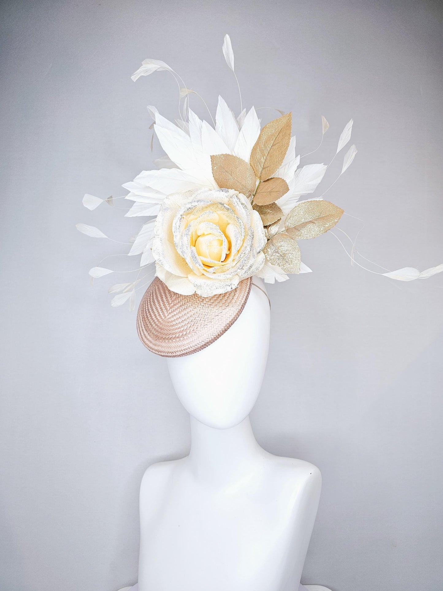 kentucky derby hat fascinator tan straw with neutral white ivory silk satin rose flower with glitter,gold leaves,white ivory feathers