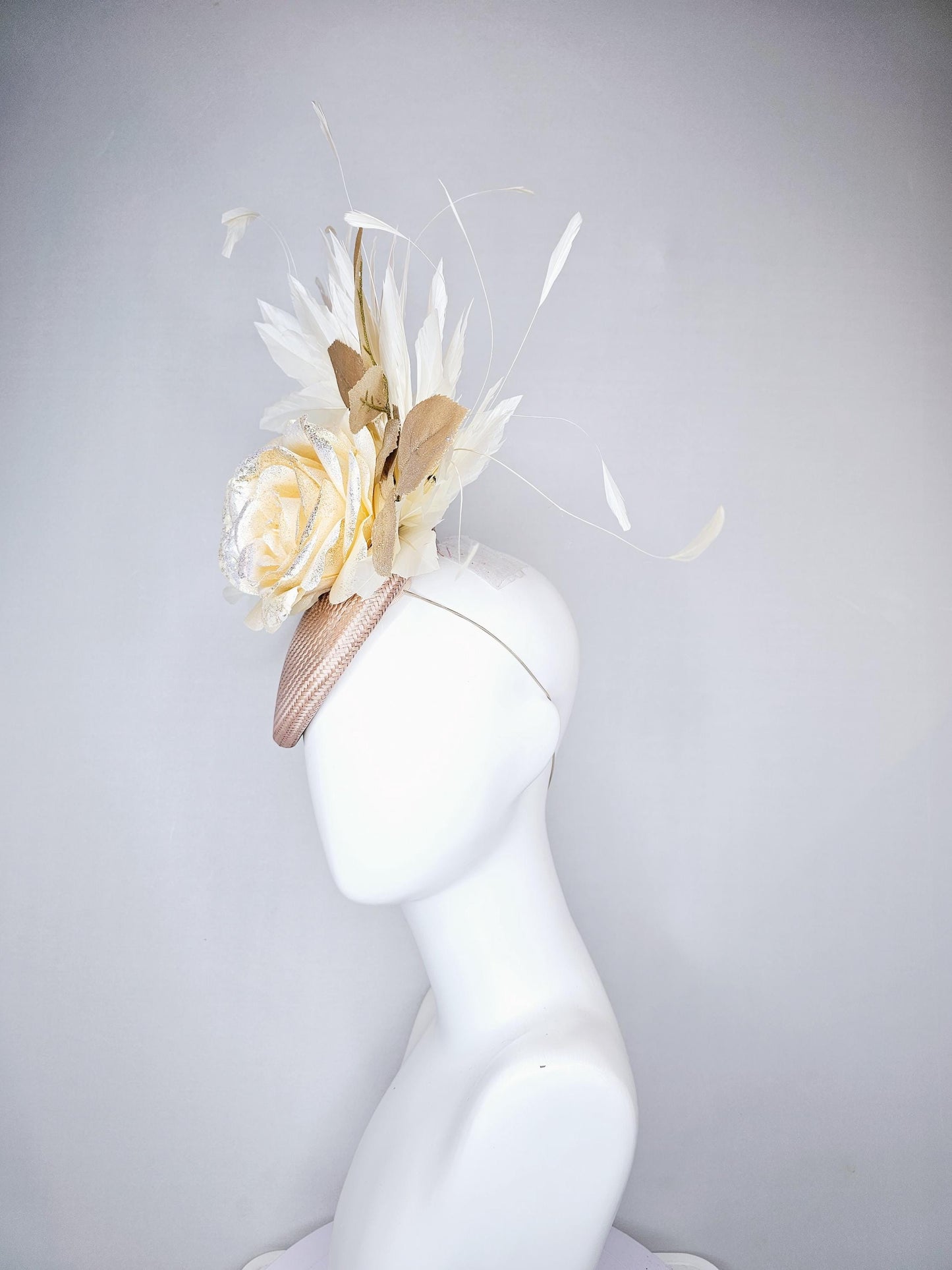 kentucky derby hat fascinator tan straw with neutral white ivory silk satin rose flower with glitter,gold leaves,white ivory feathers