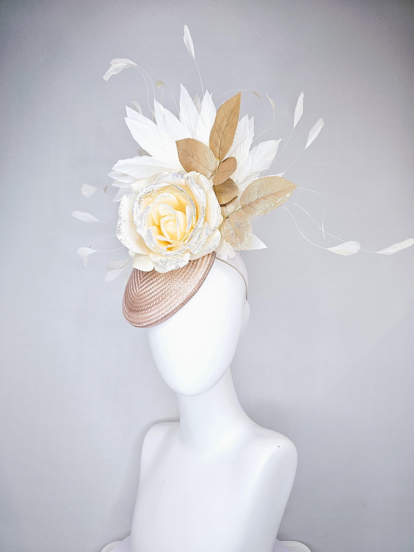 kentucky derby hat fascinator tan straw with neutral white ivory silk satin rose flower with glitter,gold leaves,white ivory feathers