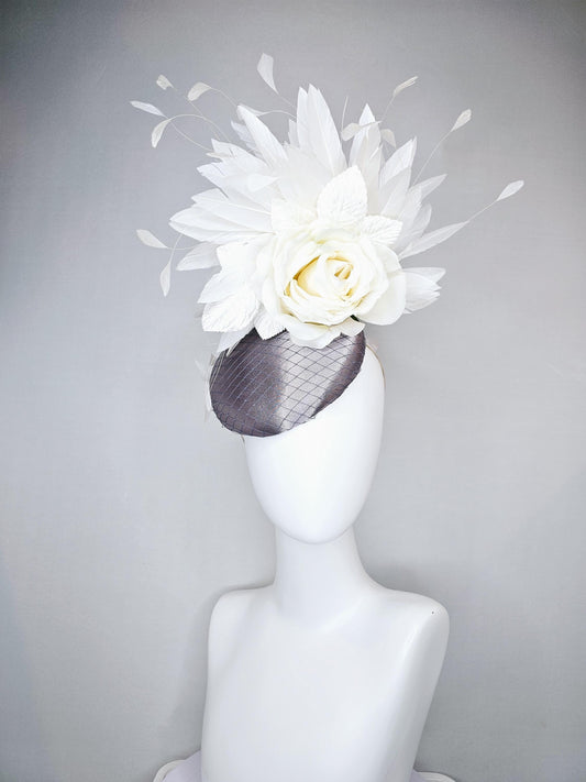 kentucky derby hat fascinator gray silver satin with netting,white ivory satin rose flower,white leaves,white ivory branching feathers