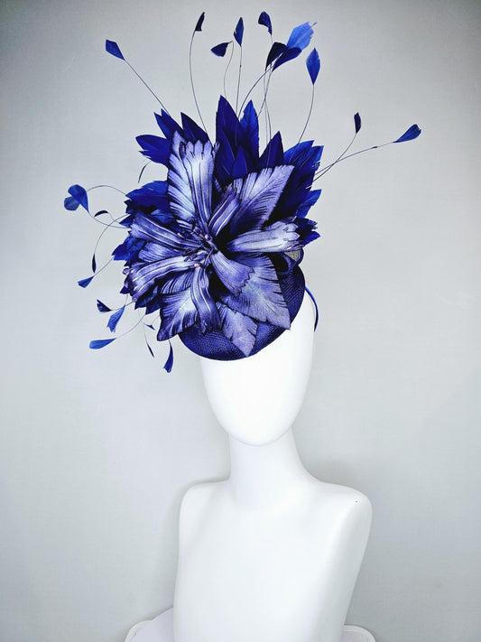 kentucky derby hat fascinator royal blue sinamay with ombre royal blue satin flower, navy royal blue feathers, royal blue sinamay bow