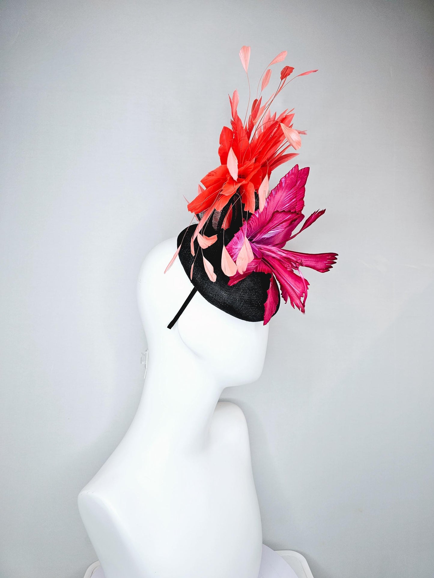 kentucky derby hat fascinator black sinamay with bow, ombre pink fuchsia satin flower, baby pink leaves, orange coral branching feathers