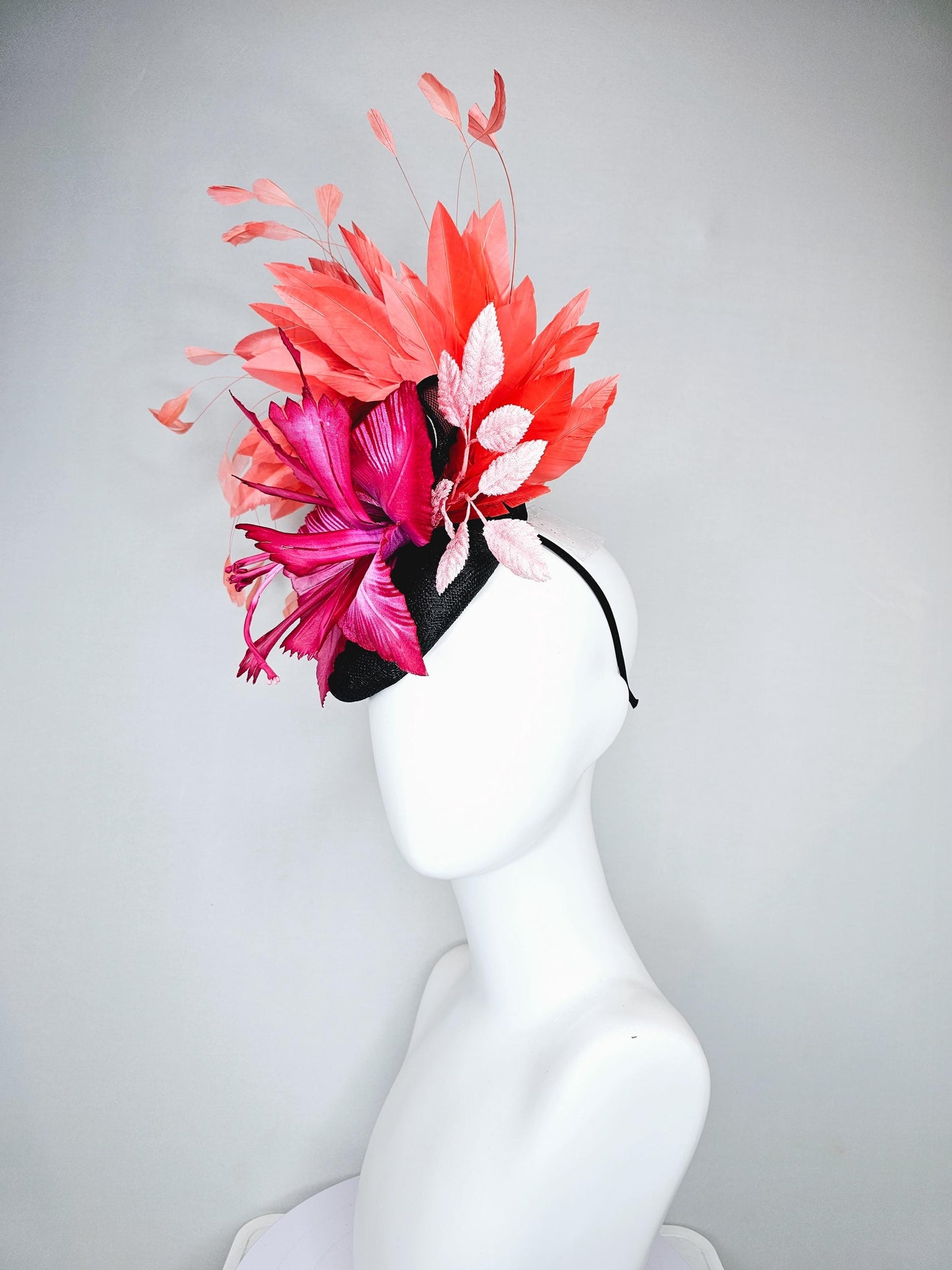 kentucky derby hat fascinator black sinamay with bow, ombre pink fuchsia satin flower, baby pink leaves, orange coral branching feathers