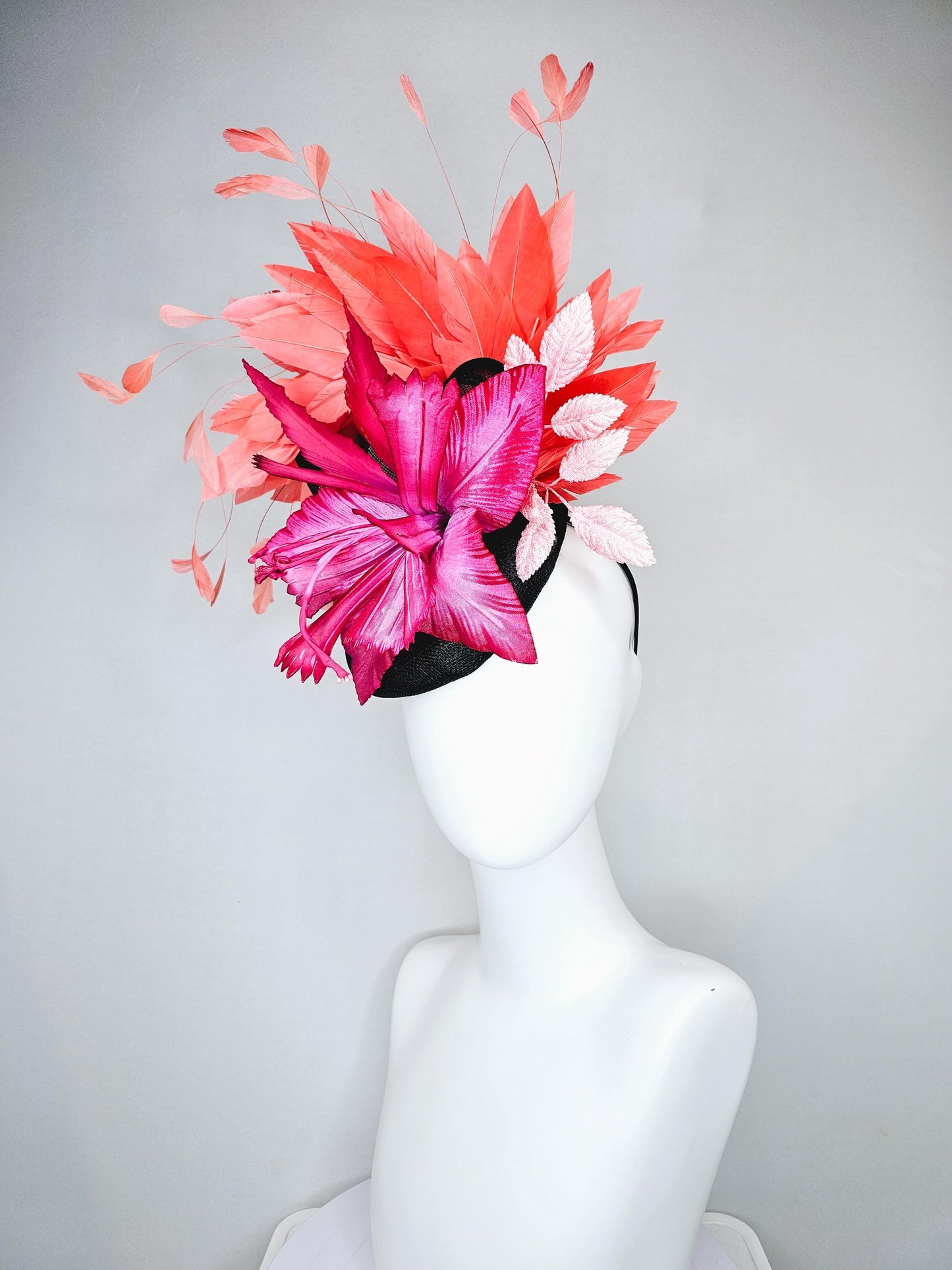 kentucky derby hat fascinator black sinamay with bow, ombre pink fuchsia satin flower, baby pink leaves, orange coral branching feathers