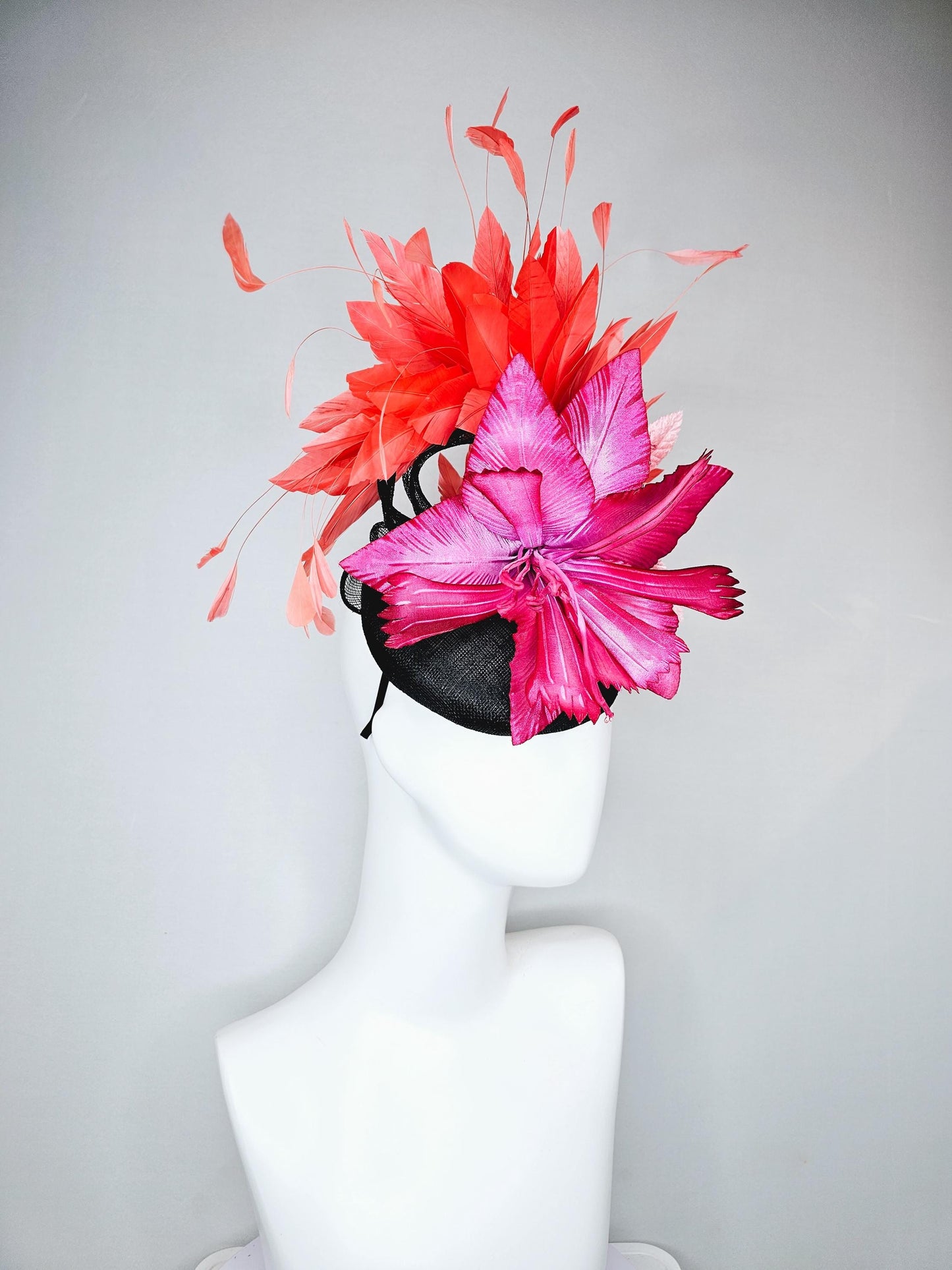 kentucky derby hat fascinator black sinamay with bow, ombre pink fuchsia satin flower, baby pink leaves, orange coral branching feathers