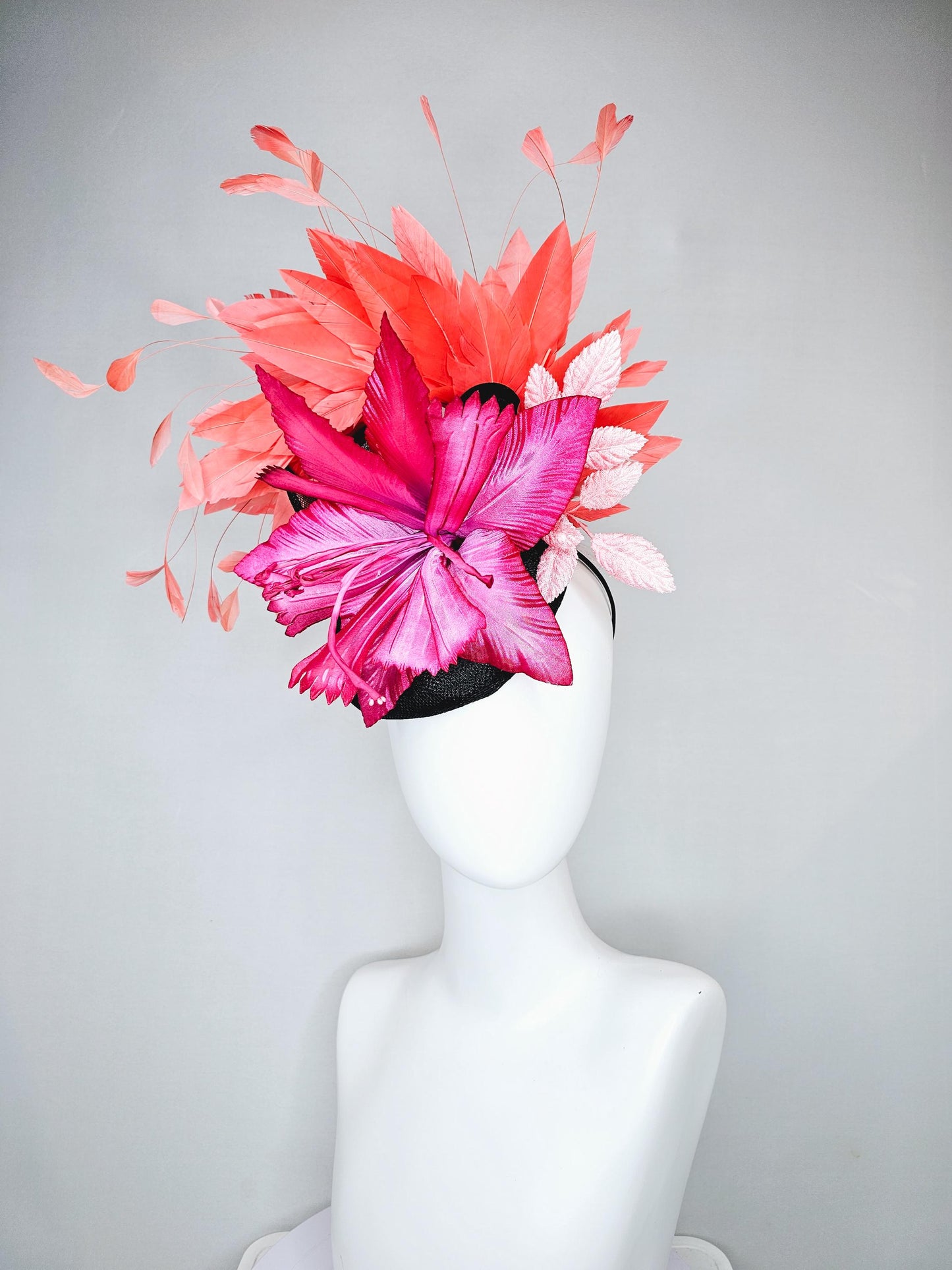 kentucky derby hat fascinator black sinamay with bow, ombre pink fuchsia satin flower, baby pink leaves, orange coral branching feathers