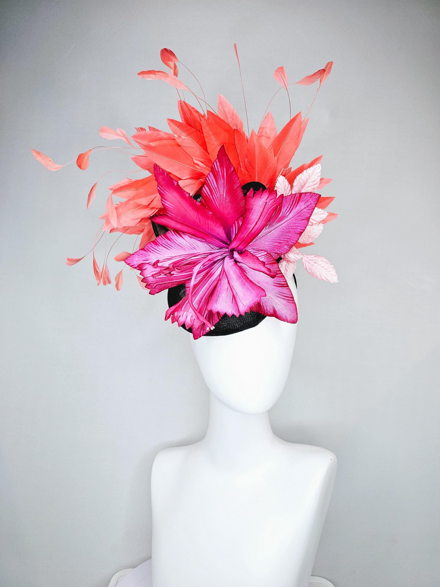 kentucky derby hat fascinator black sinamay with bow, ombre pink fuchsia satin flower, baby pink leaves, orange coral branching feathers