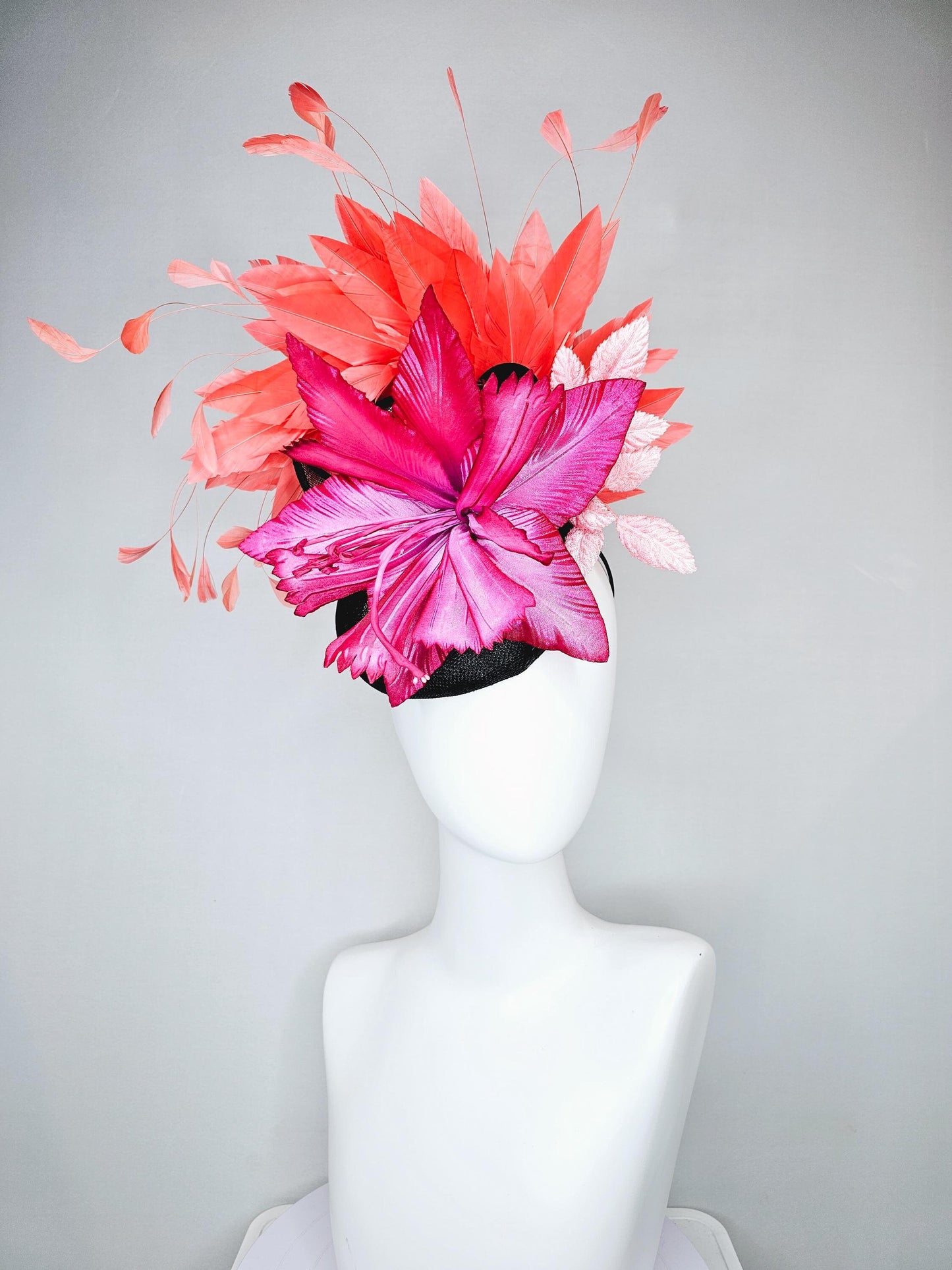 kentucky derby hat fascinator black sinamay with bow, ombre pink fuchsia satin flower, baby pink leaves, orange coral branching feathers