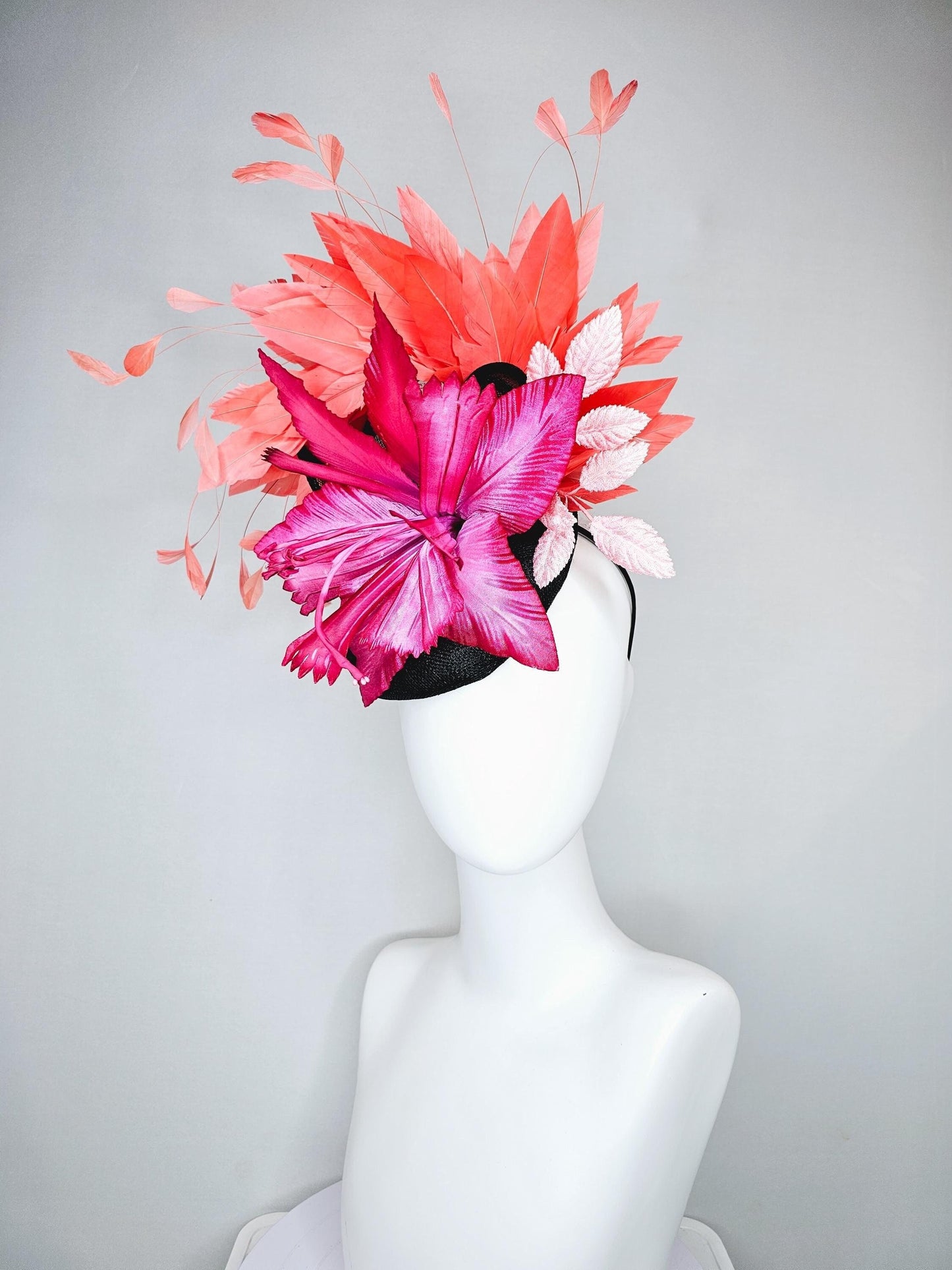 kentucky derby hat fascinator black sinamay with bow, ombre pink fuchsia satin flower, baby pink leaves, orange coral branching feathers