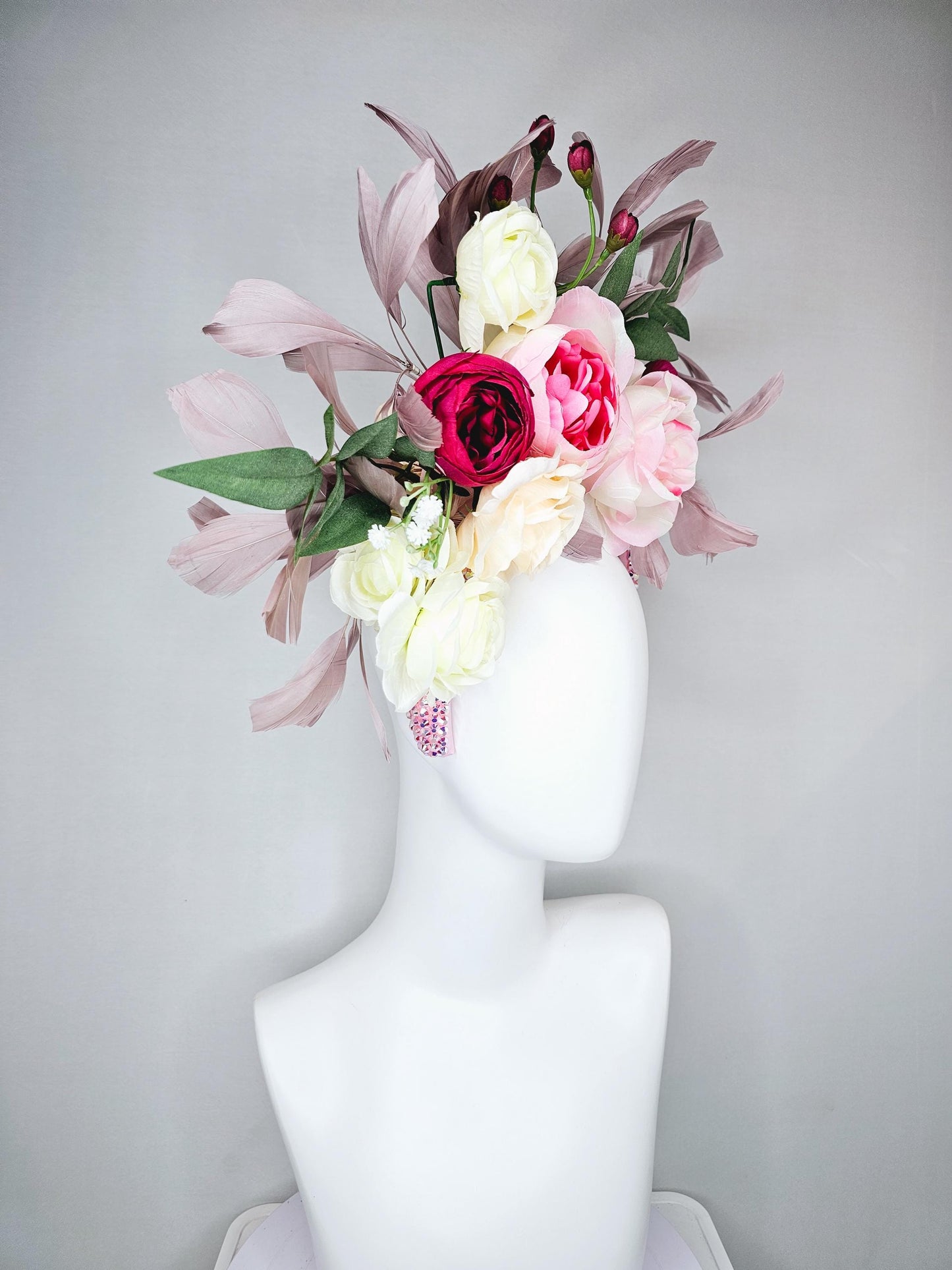 kentucky derby hat fascinator crystal iridescent baby pink headband,ivory cream light pink hot pink rose flowers,green leaves,taupe feathers