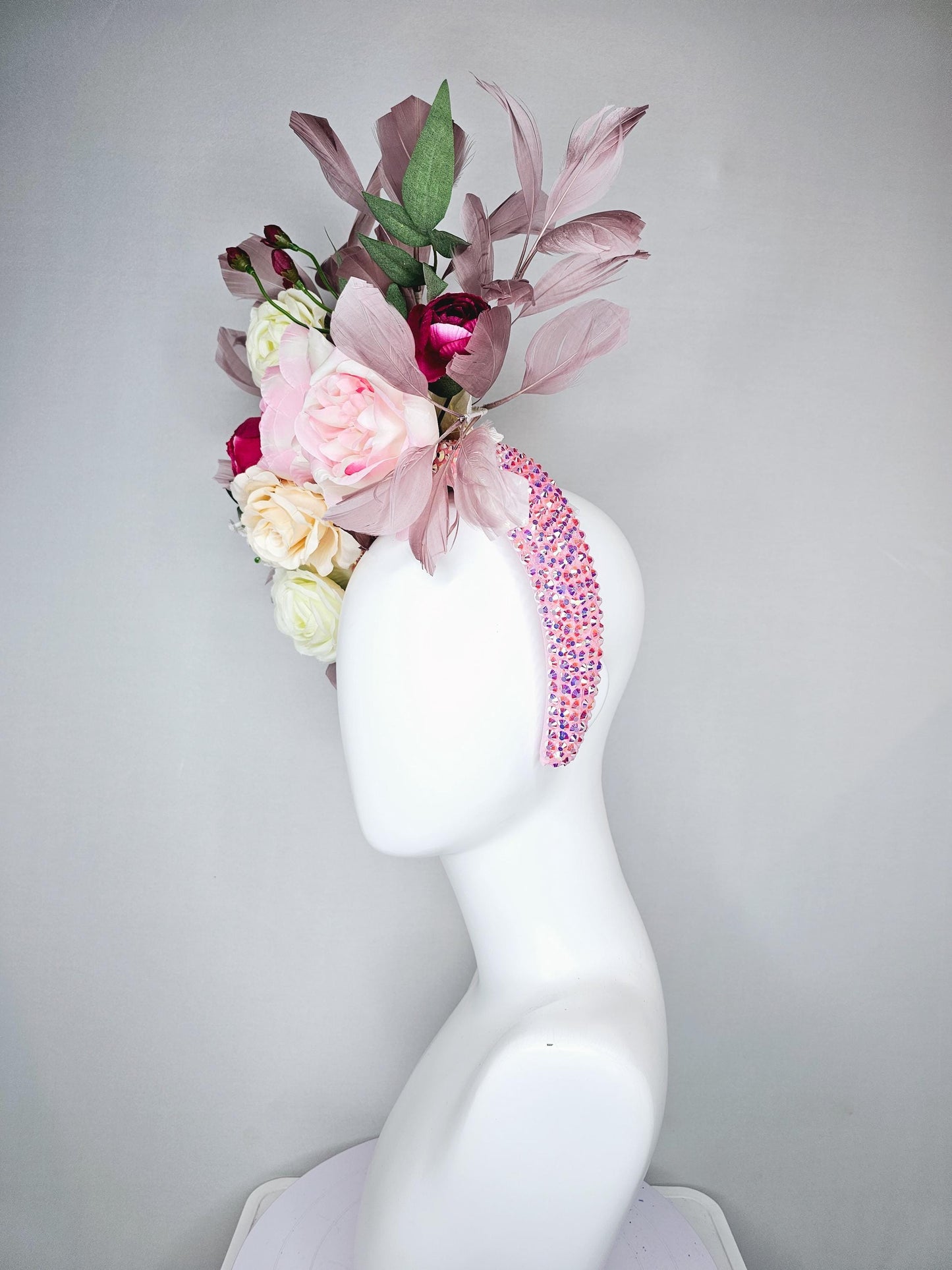 kentucky derby hat fascinator crystal iridescent baby pink headband,ivory cream light pink hot pink rose flowers,green leaves,taupe feathers