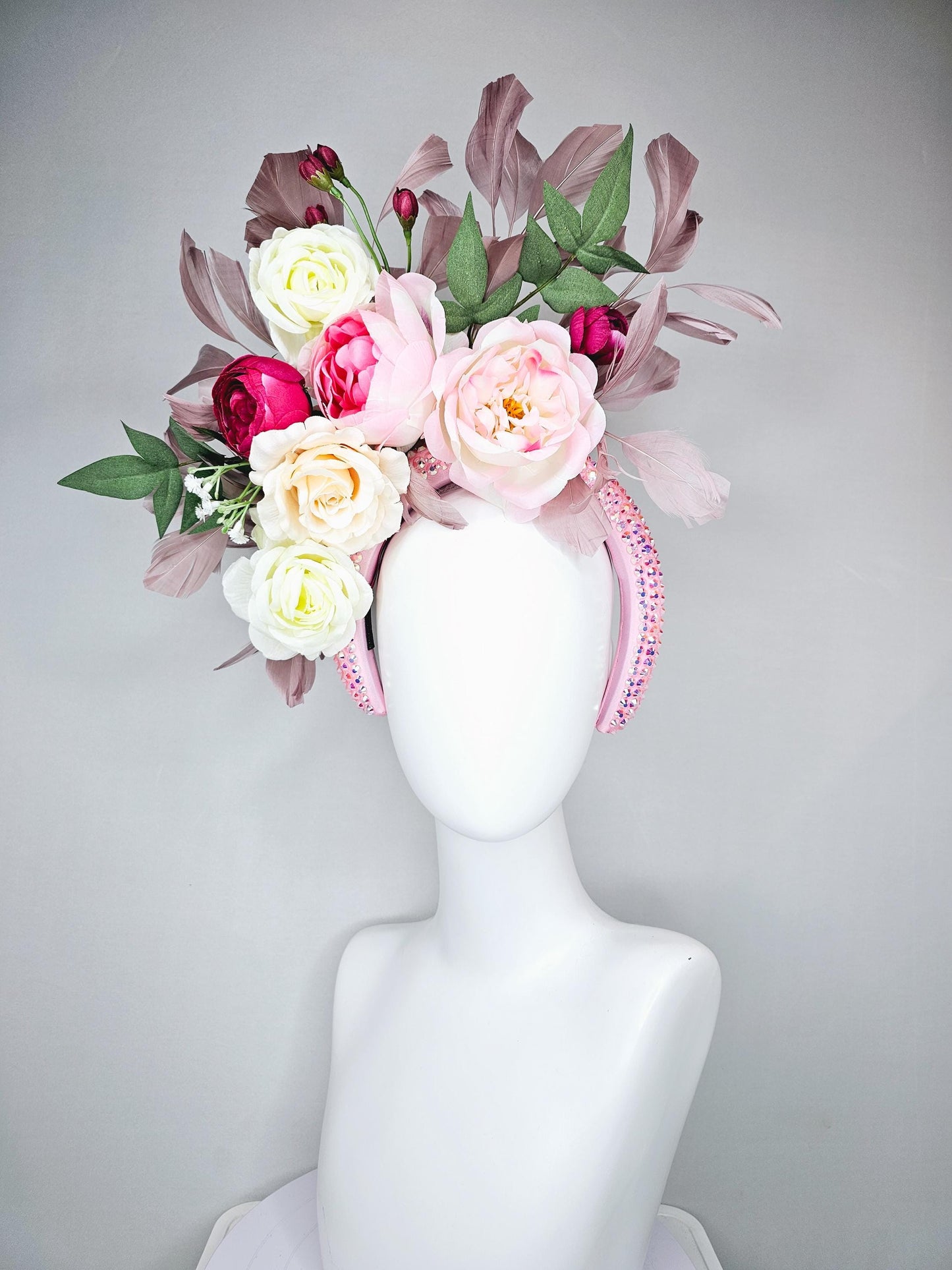 kentucky derby hat fascinator crystal iridescent baby pink headband,ivory cream light pink hot pink rose flowers,green leaves,taupe feathers