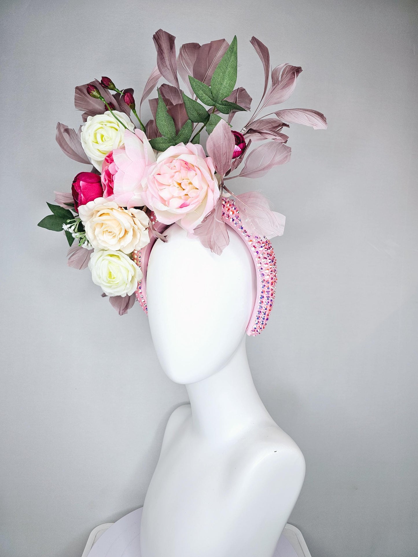 kentucky derby hat fascinator crystal iridescent baby pink headband,ivory cream light pink hot pink rose flowers,green leaves,taupe feathers