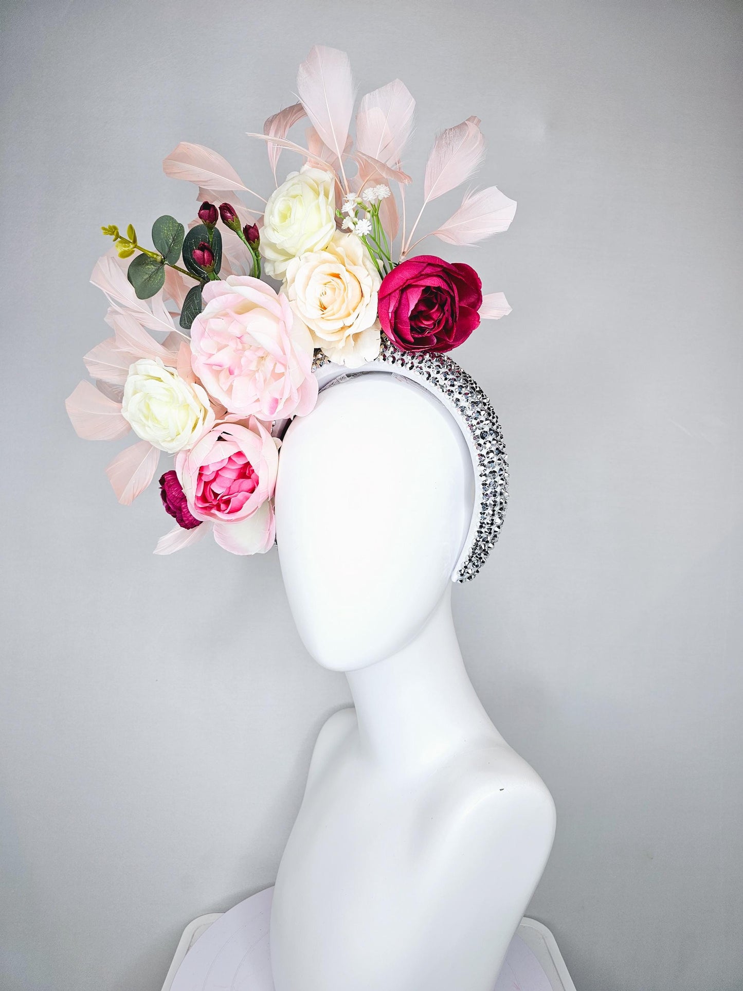 kentucky derby hat fascinator crystal silver headband, ivory cream light pink hot pink red rose flowers, green leaves, light pink feathers