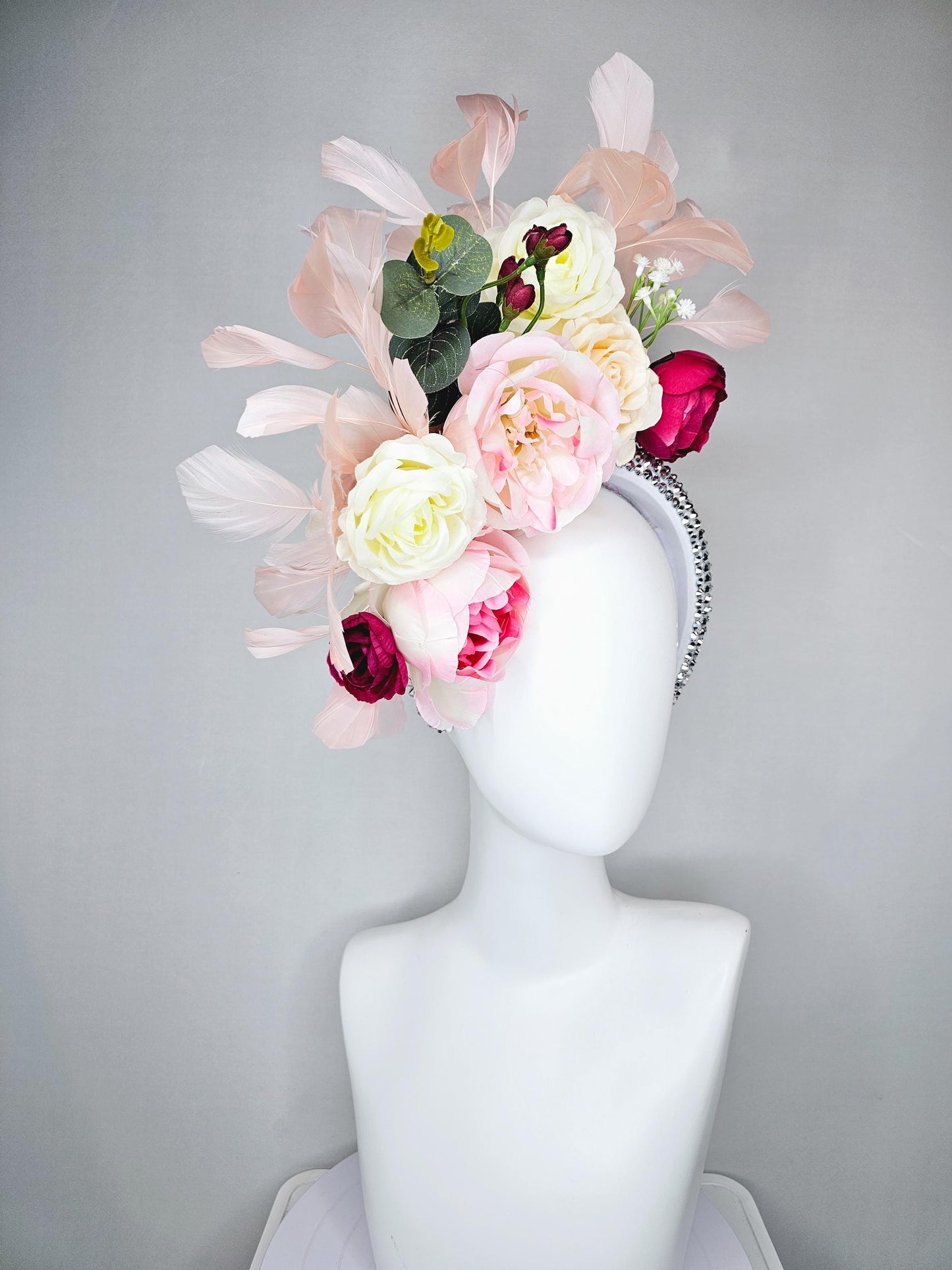 kentucky derby hat fascinator crystal silver headband, ivory cream light pink hot pink red rose flowers, green leaves, light pink feathers