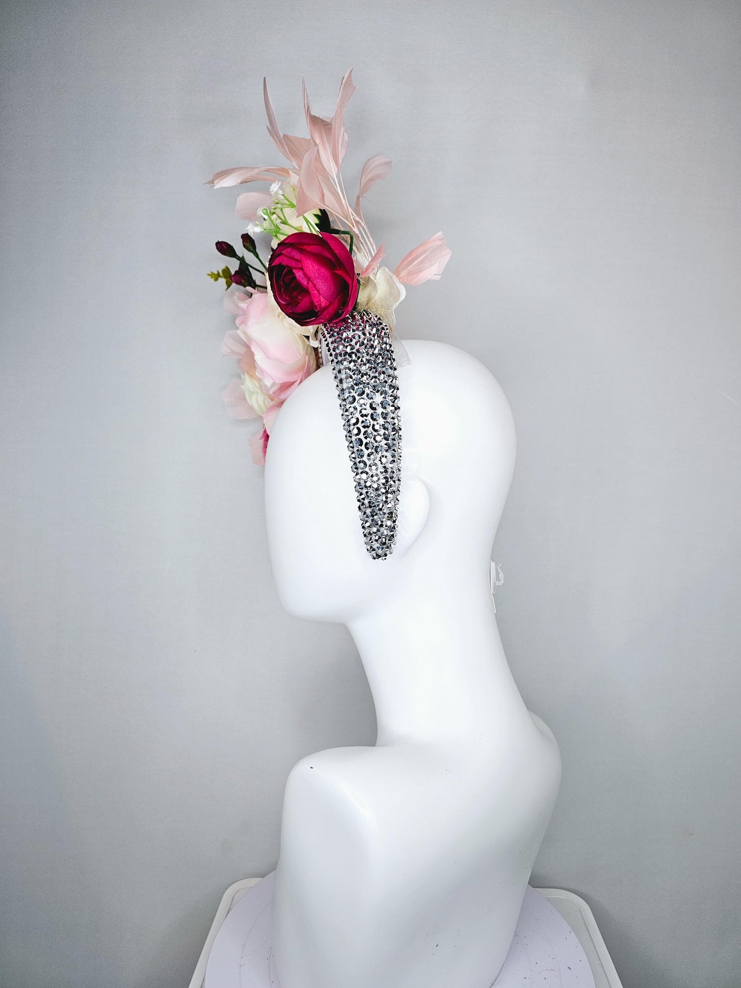 kentucky derby hat fascinator crystal silver headband, ivory cream light pink hot pink red rose flowers, green leaves, light pink feathers