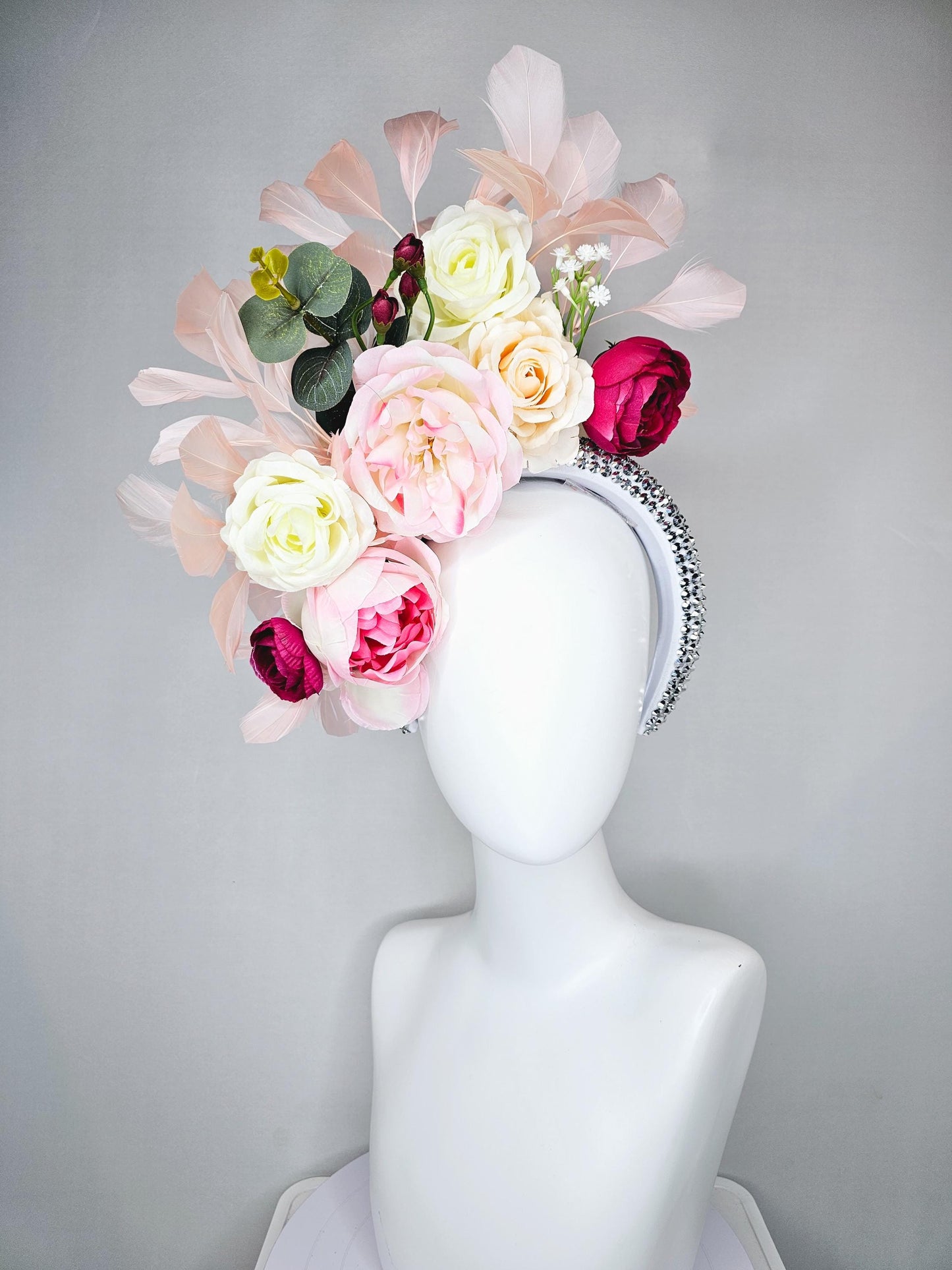 kentucky derby hat fascinator crystal silver headband, ivory cream light pink hot pink red rose flowers, green leaves, light pink feathers