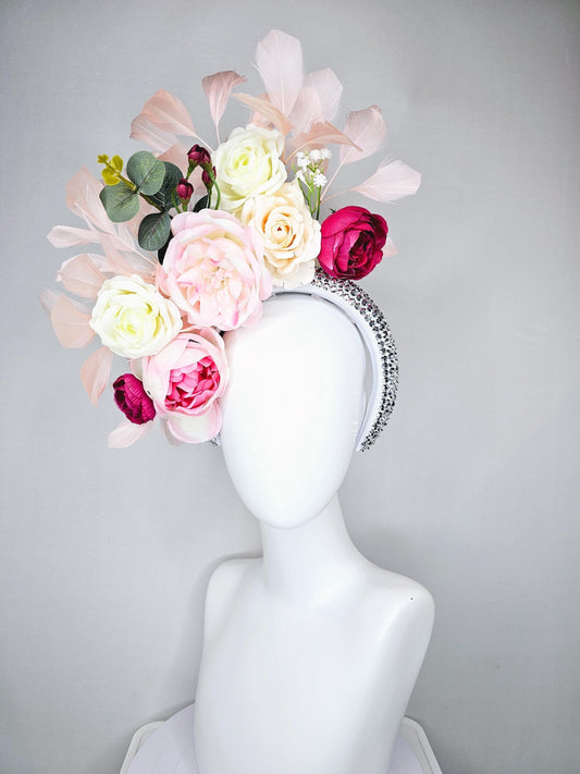 kentucky derby hat fascinator crystal silver headband, ivory cream light pink hot pink red rose flowers, green leaves, light pink feathers