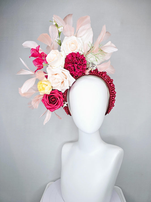 kentucky derby hat fascinator red pearl beaded headband,yellow champagne light pink red cherry rose flowers,green stems,light pink feathers