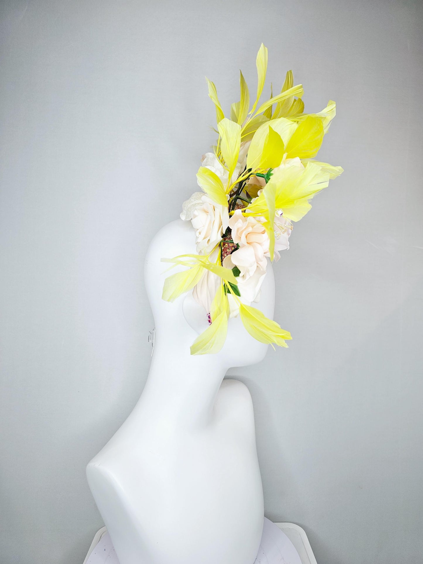 kentucky derby hat fascinator baby pink iridescent crystal headband,light pink rose flowers,white ivory light yellow flowers,yellow feathers