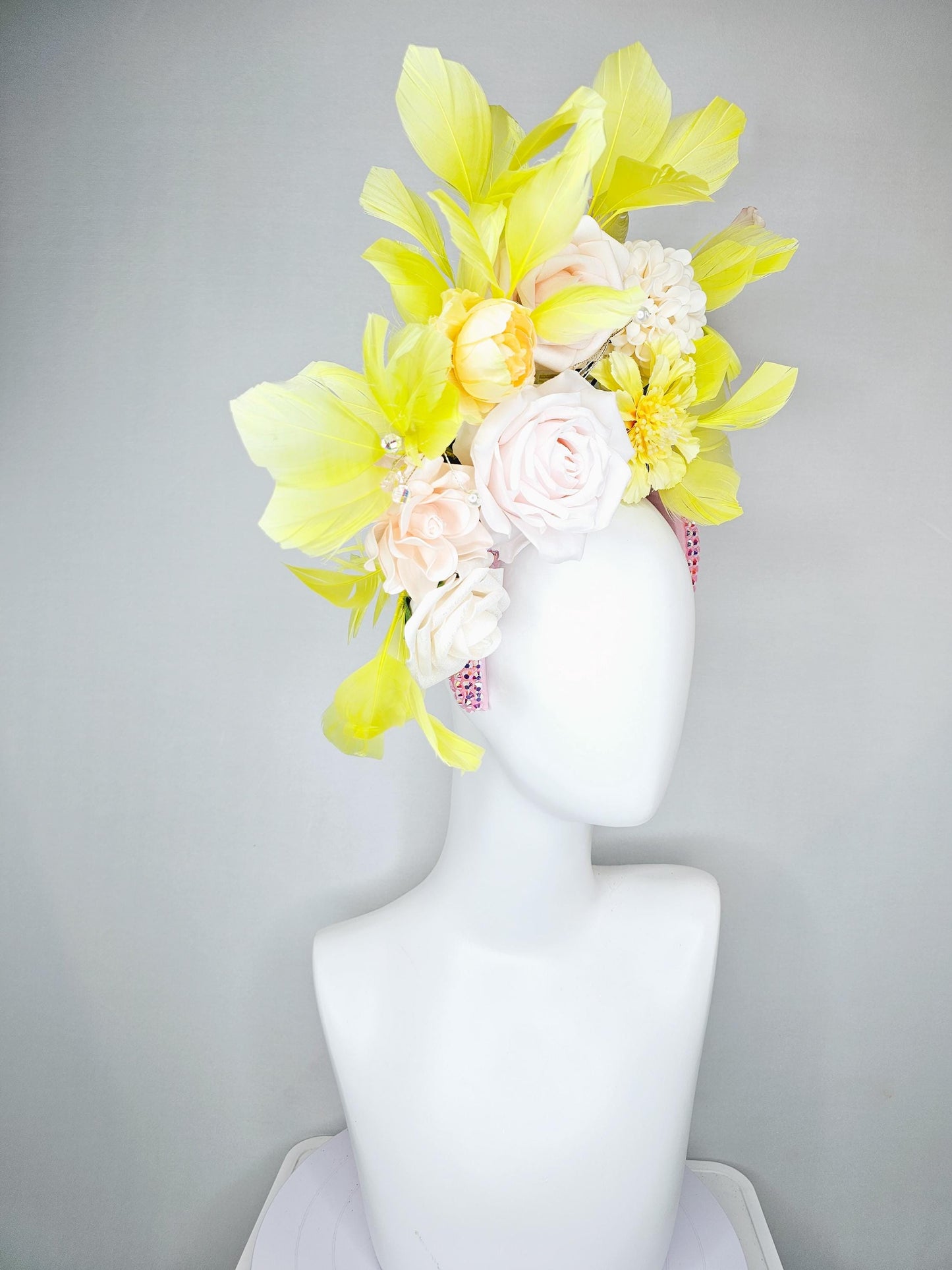 kentucky derby hat fascinator baby pink iridescent crystal headband,light pink rose flowers,white ivory light yellow flowers,yellow feathers