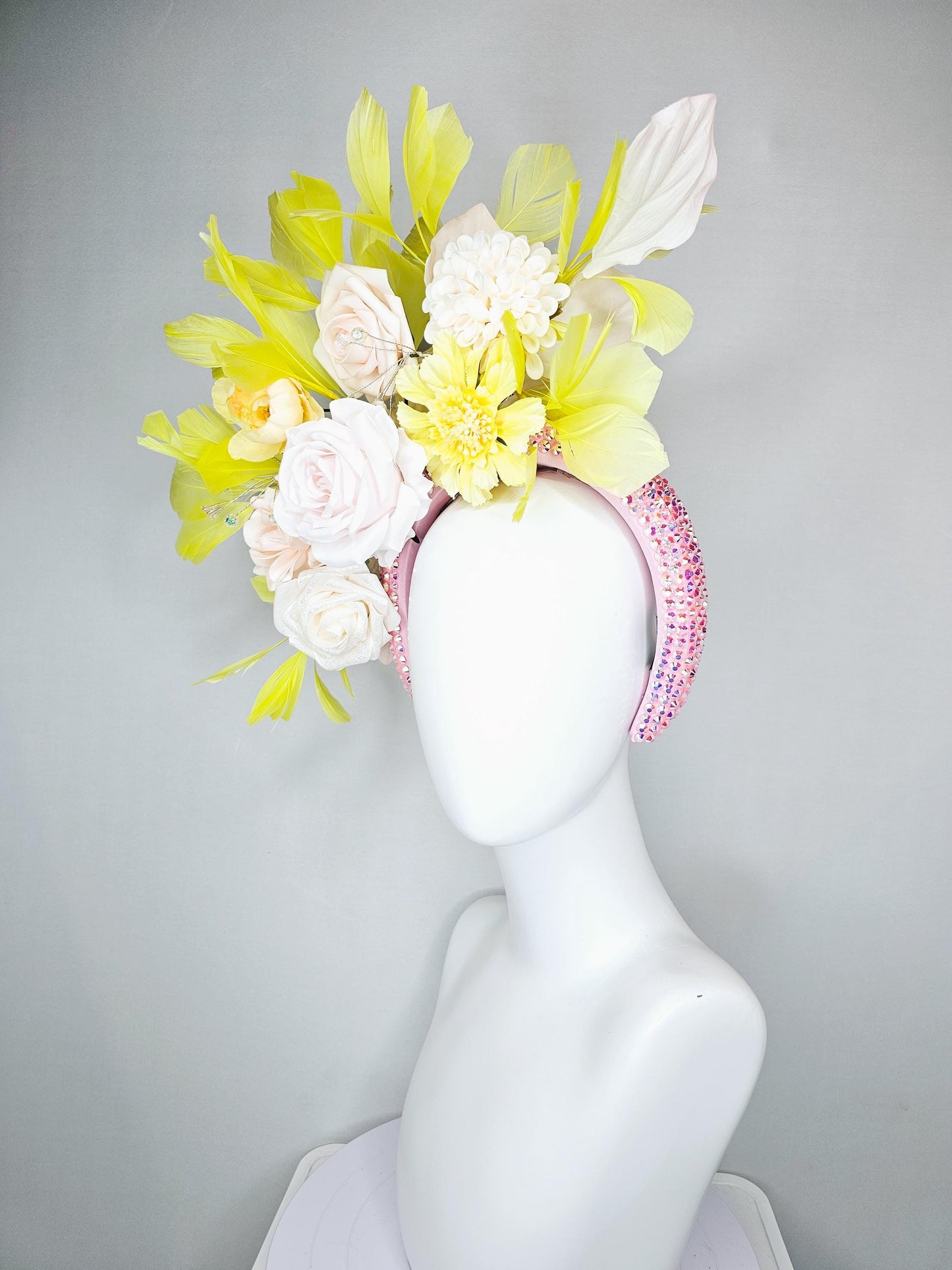 kentucky derby hat fascinator baby pink iridescent crystal headband,light pink rose flowers,white ivory light yellow flowers,yellow feathers