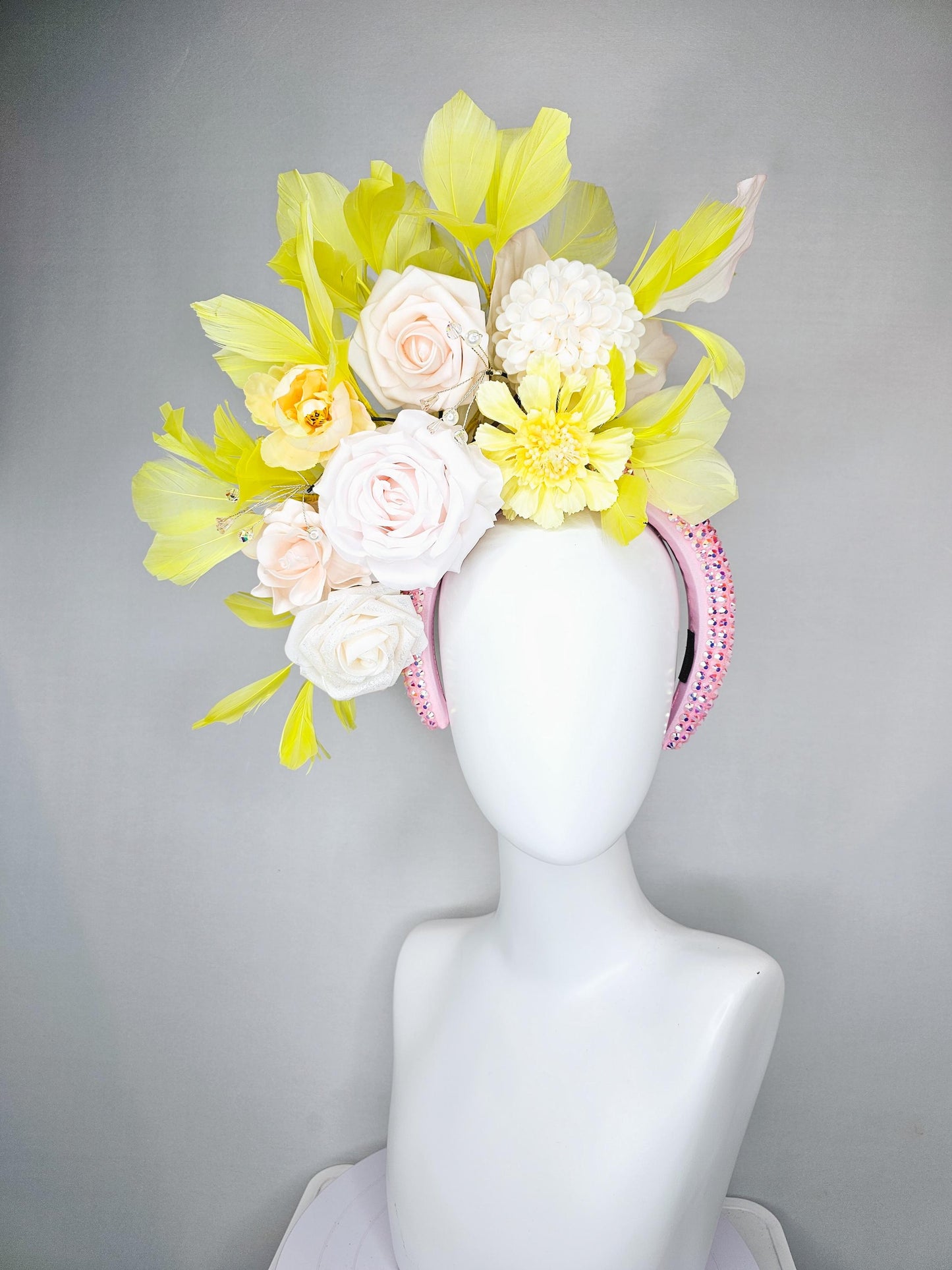 kentucky derby hat fascinator baby pink iridescent crystal headband,light pink rose flowers,white ivory light yellow flowers,yellow feathers