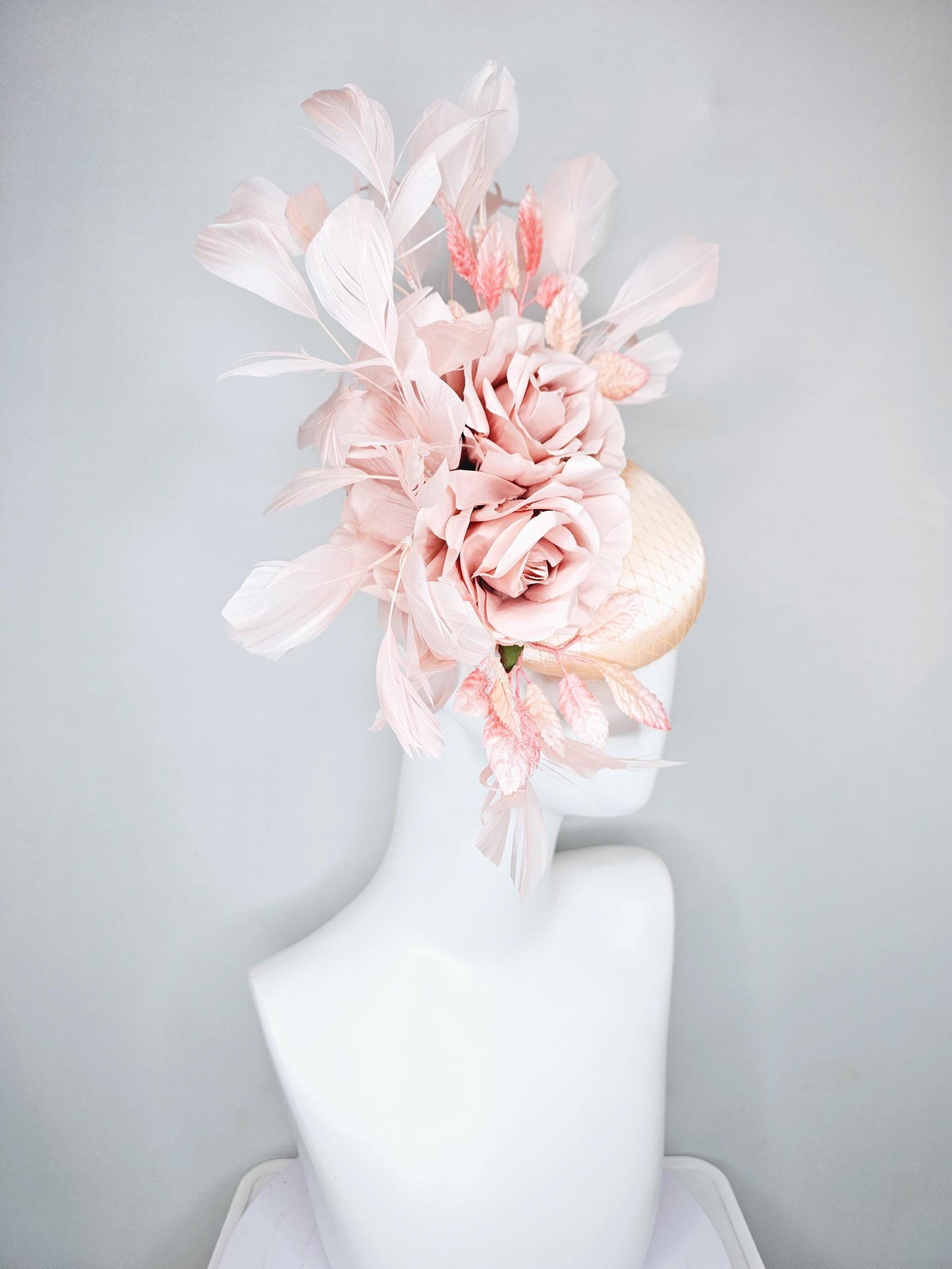 kentucky derby hat fascinator champagne satin with netting,light blush pink satin rose flowers,blush pink leaves,light blush pink feathers