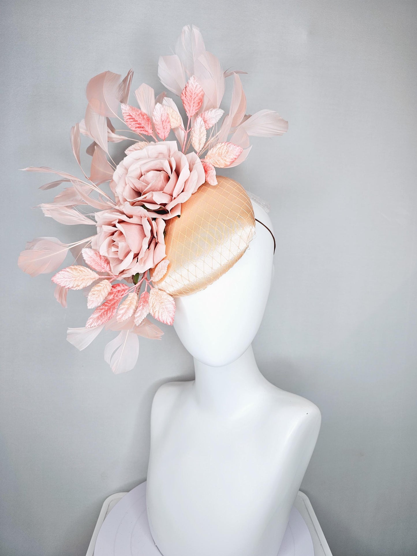 kentucky derby hat fascinator champagne satin with netting,light blush pink satin rose flowers,blush pink leaves,light blush pink feathers