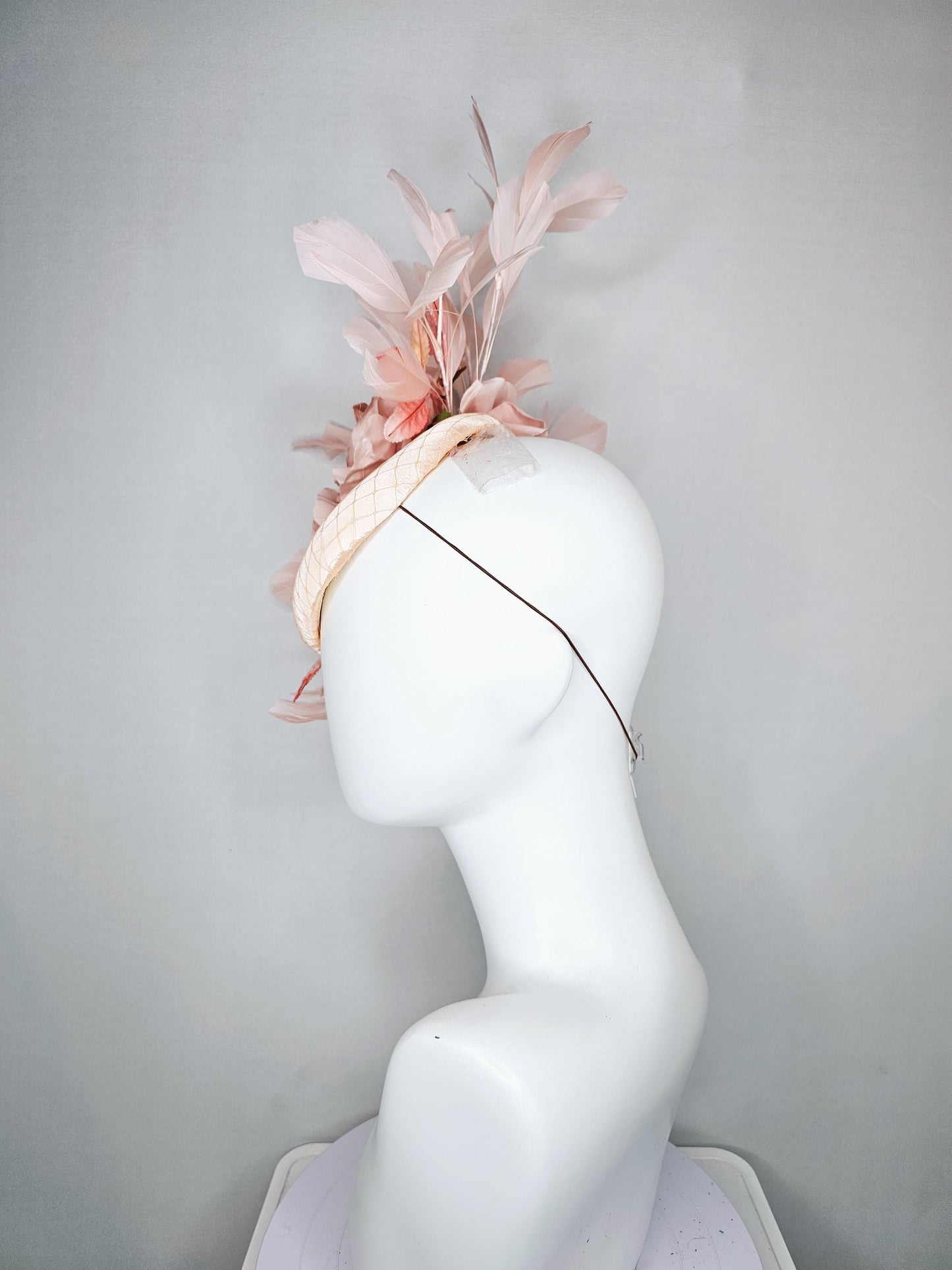 kentucky derby hat fascinator champagne satin with netting,light blush pink satin rose flowers,blush pink leaves,light blush pink feathers