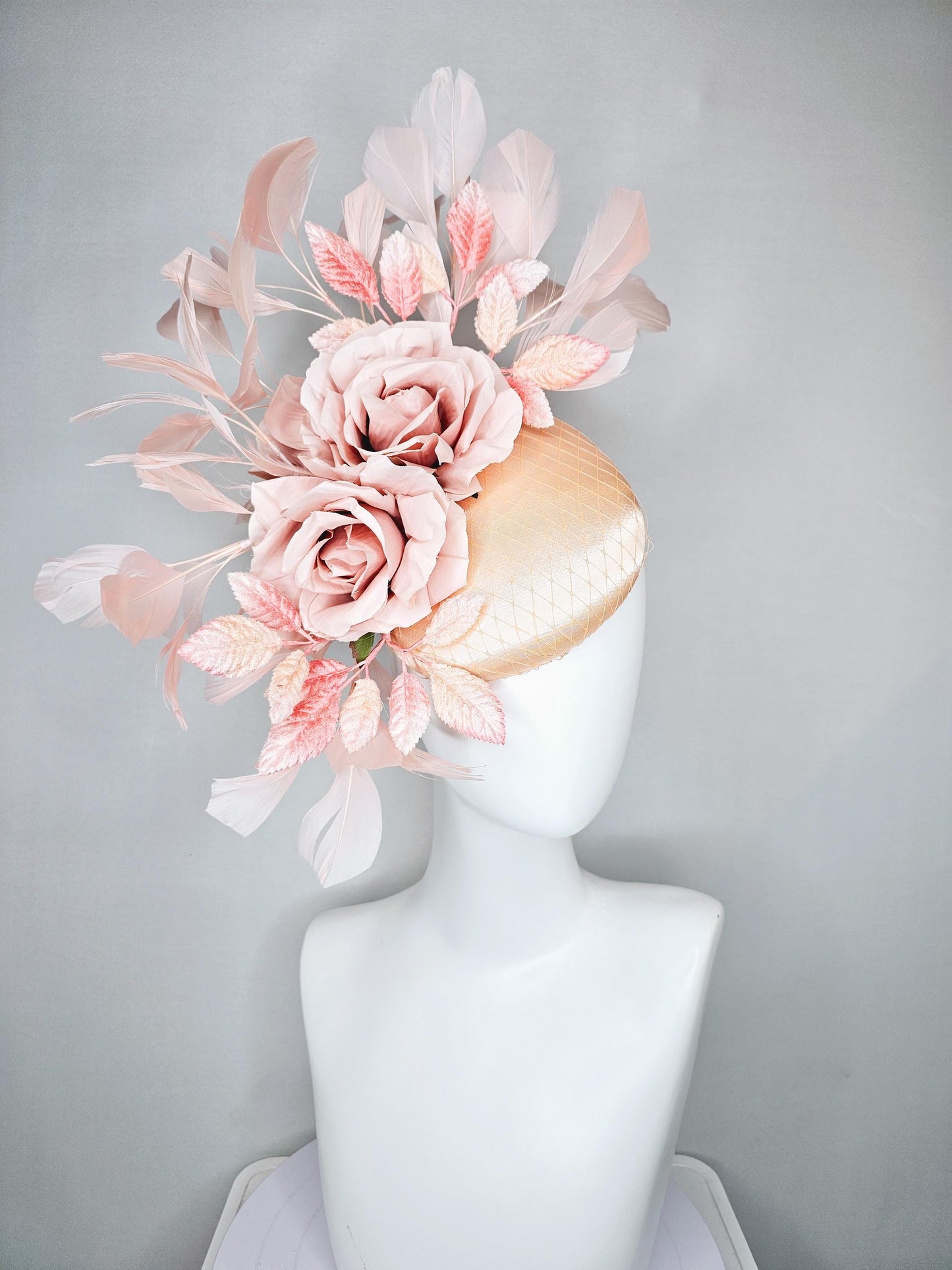 kentucky derby hat fascinator champagne satin with netting,light blush pink satin rose flowers,blush pink leaves,light blush pink feathers