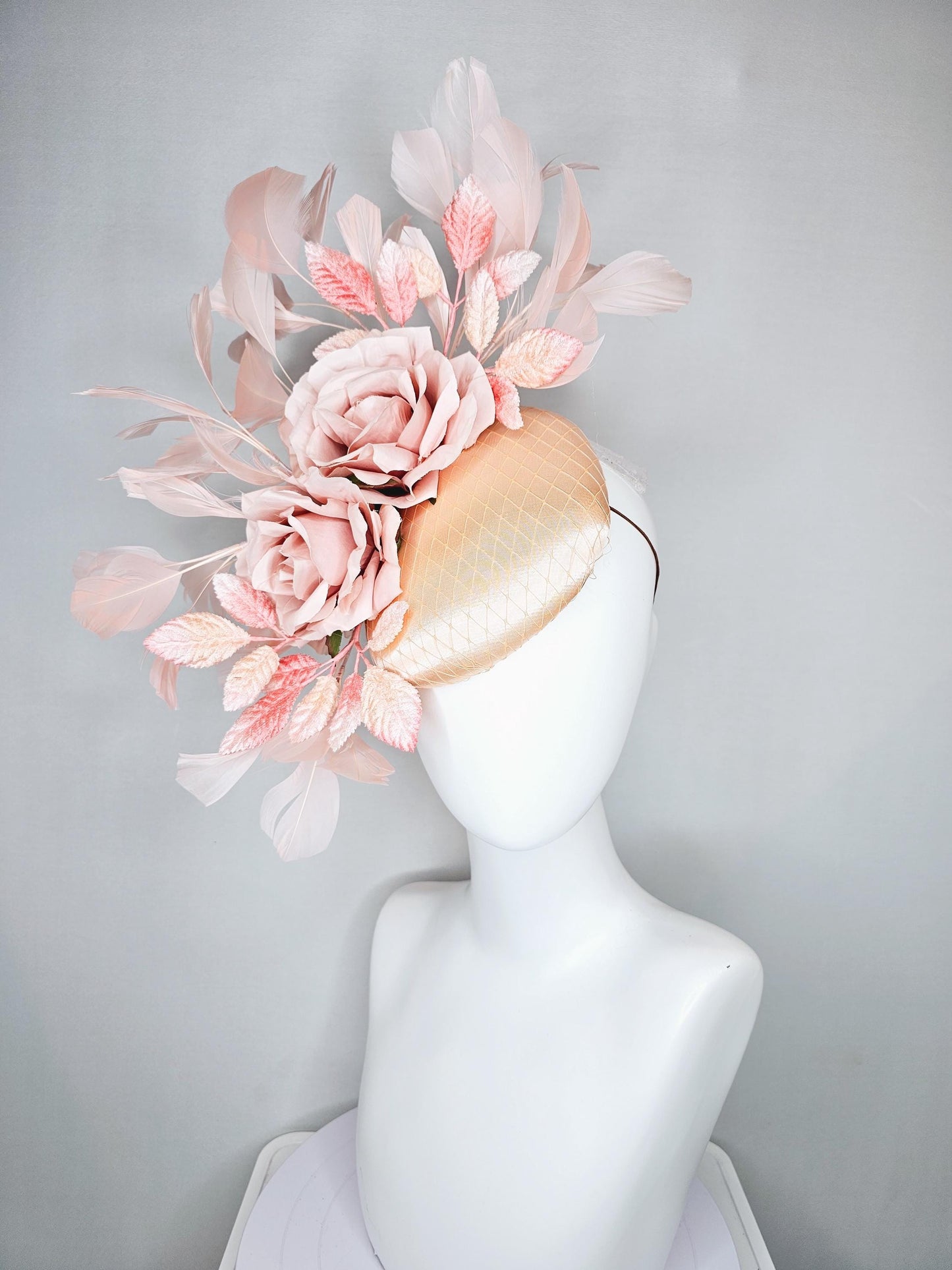 kentucky derby hat fascinator champagne satin with netting,light blush pink satin rose flowers,blush pink leaves,light blush pink feathers