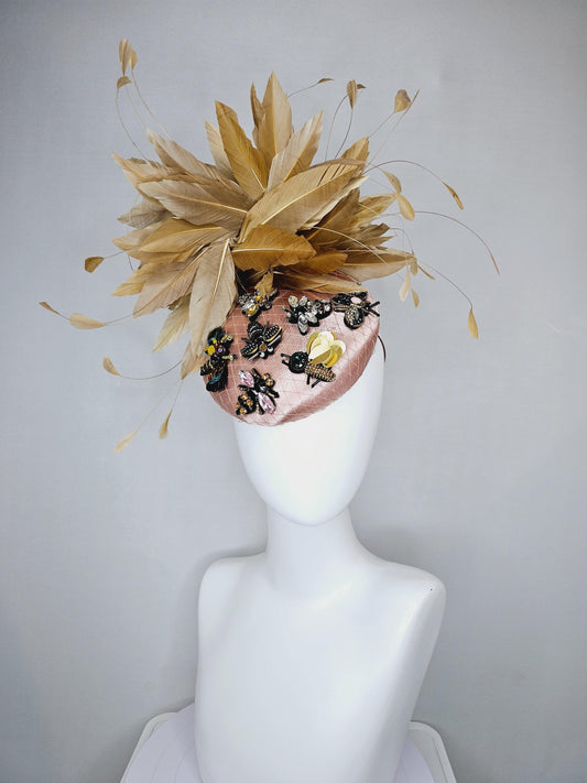 kentucky derby hat fascinator champagne satin with netting and black gold silver crystal rhinestone beaded bees,brown tan gold feathers