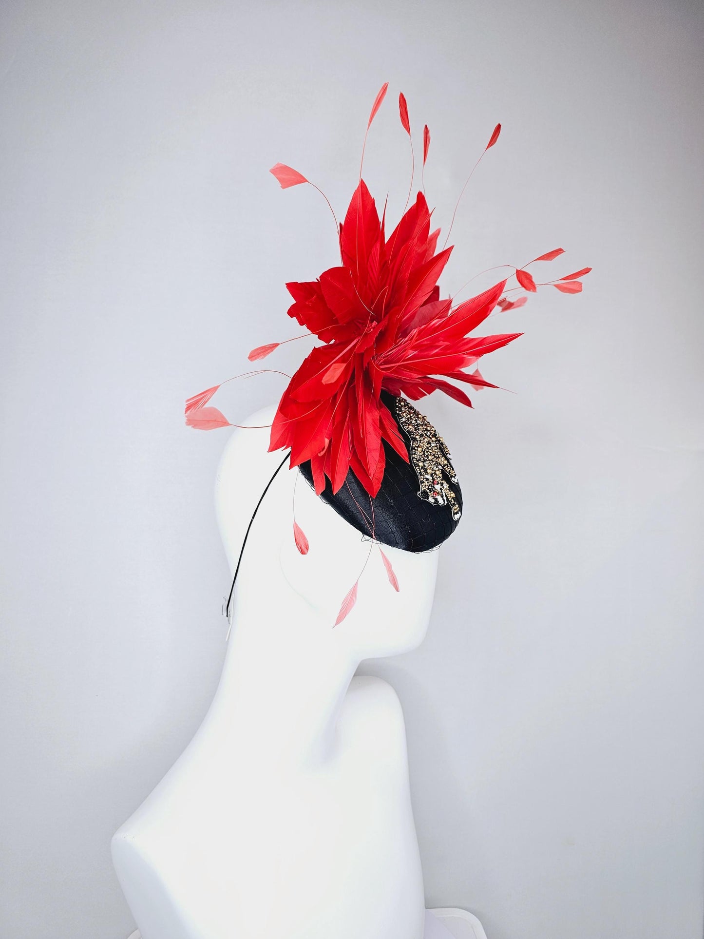 kentucky derby hat fascinator black satin with netting and black gold crystal rhinestone beaded tiger, red cherry branching feathers