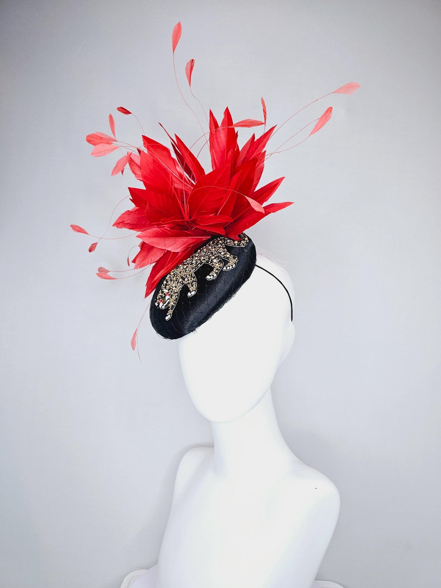 kentucky derby hat fascinator black satin with netting and black gold crystal rhinestone beaded tiger, red cherry branching feathers