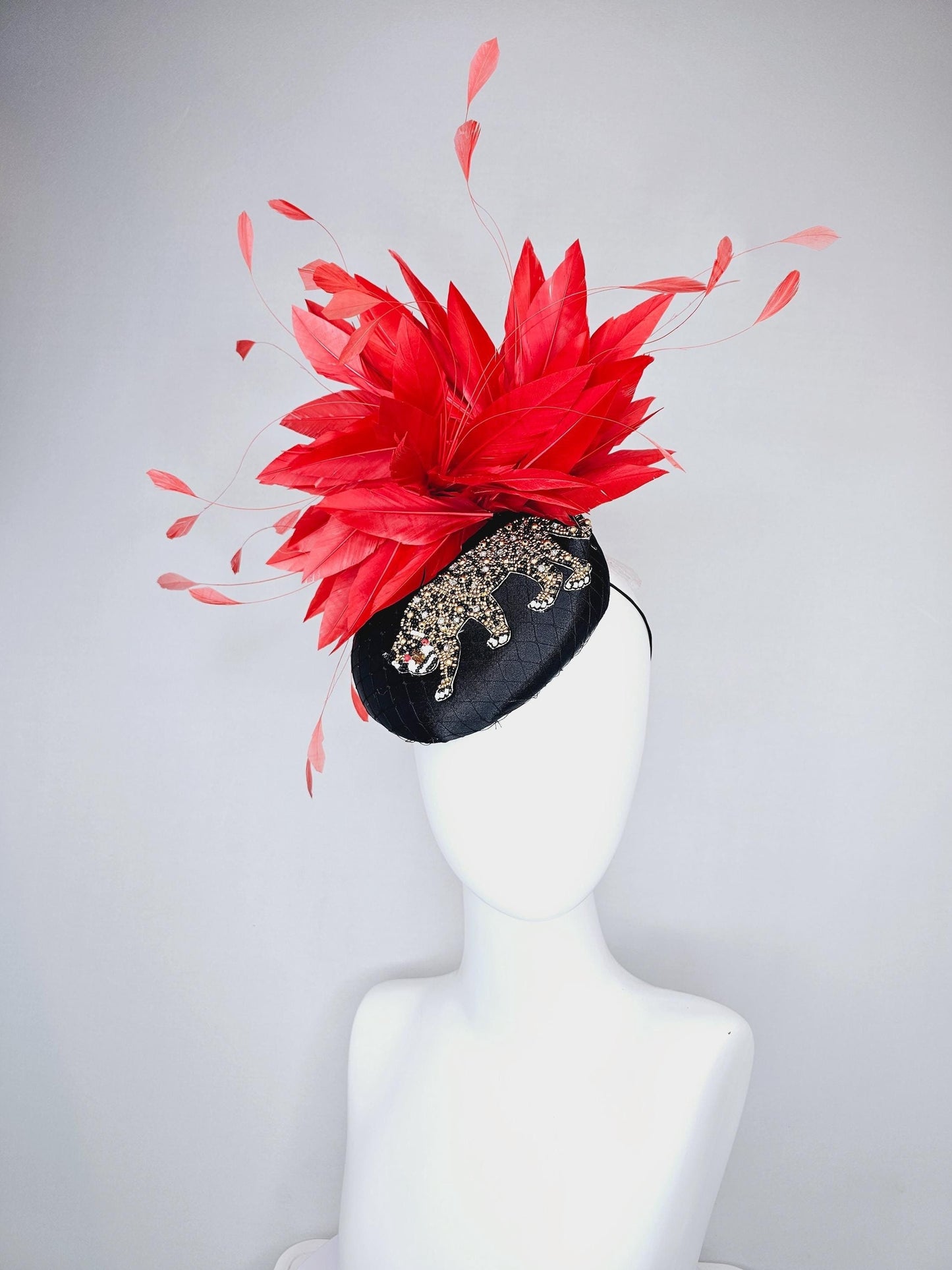 kentucky derby hat fascinator black satin with netting and black gold crystal rhinestone beaded tiger, red cherry branching feathers