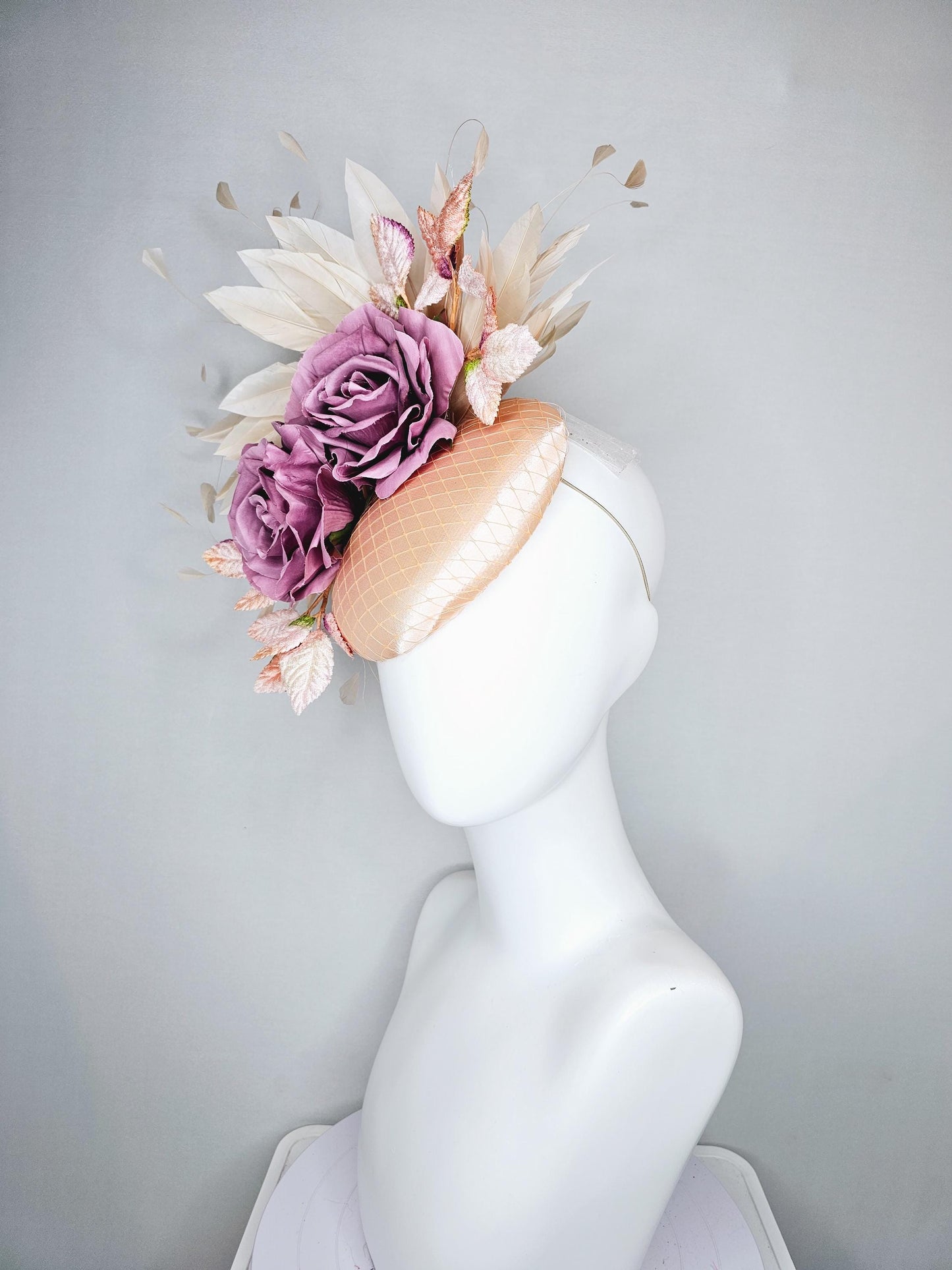 kentucky derby hat fascinator champagne satin with netting,lilac pink purple satin rose flowers,light pink leaves,neutral beige feathers