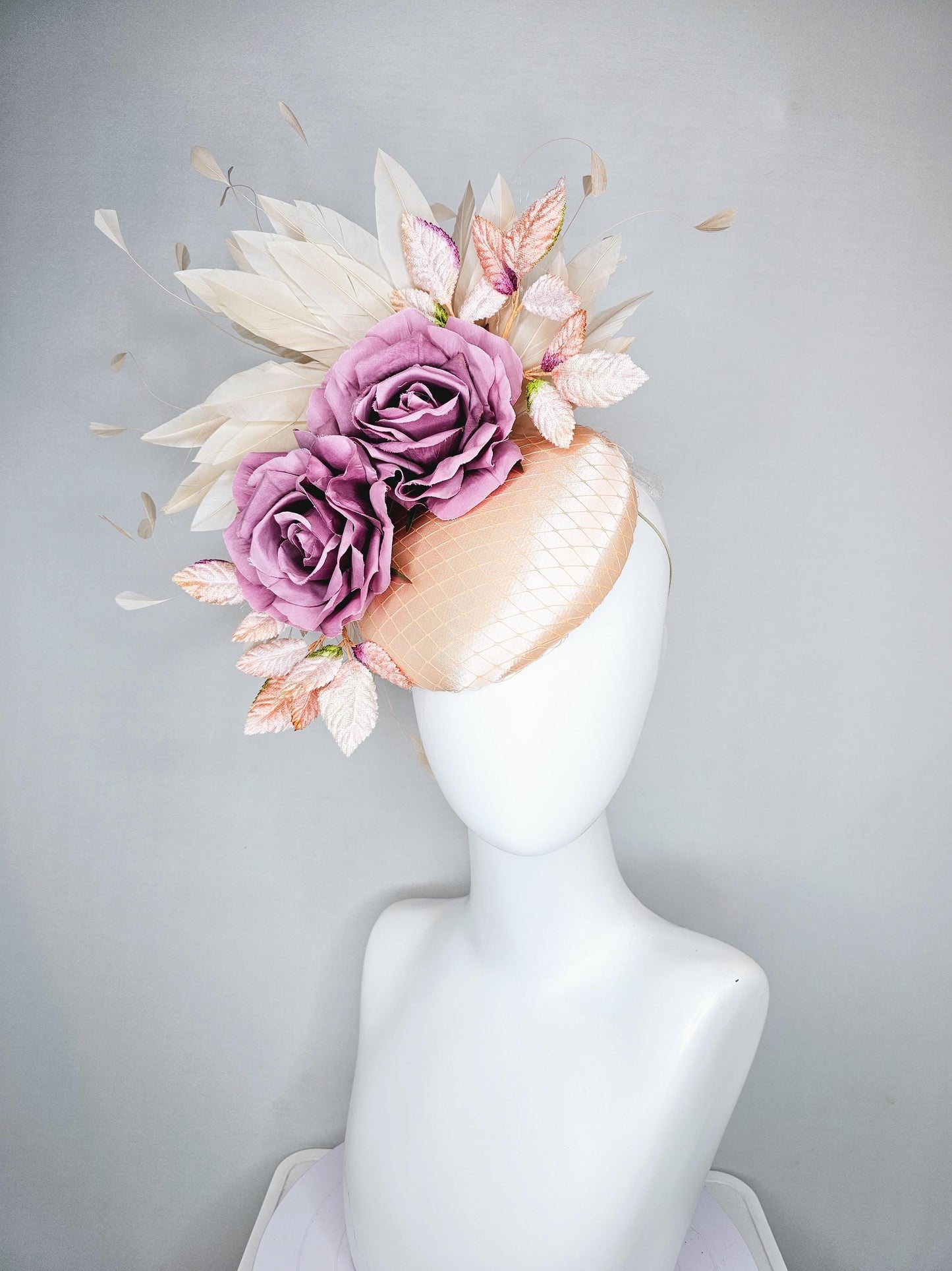 kentucky derby hat fascinator champagne satin with netting,lilac pink purple satin rose flowers,light pink leaves,neutral beige feathers