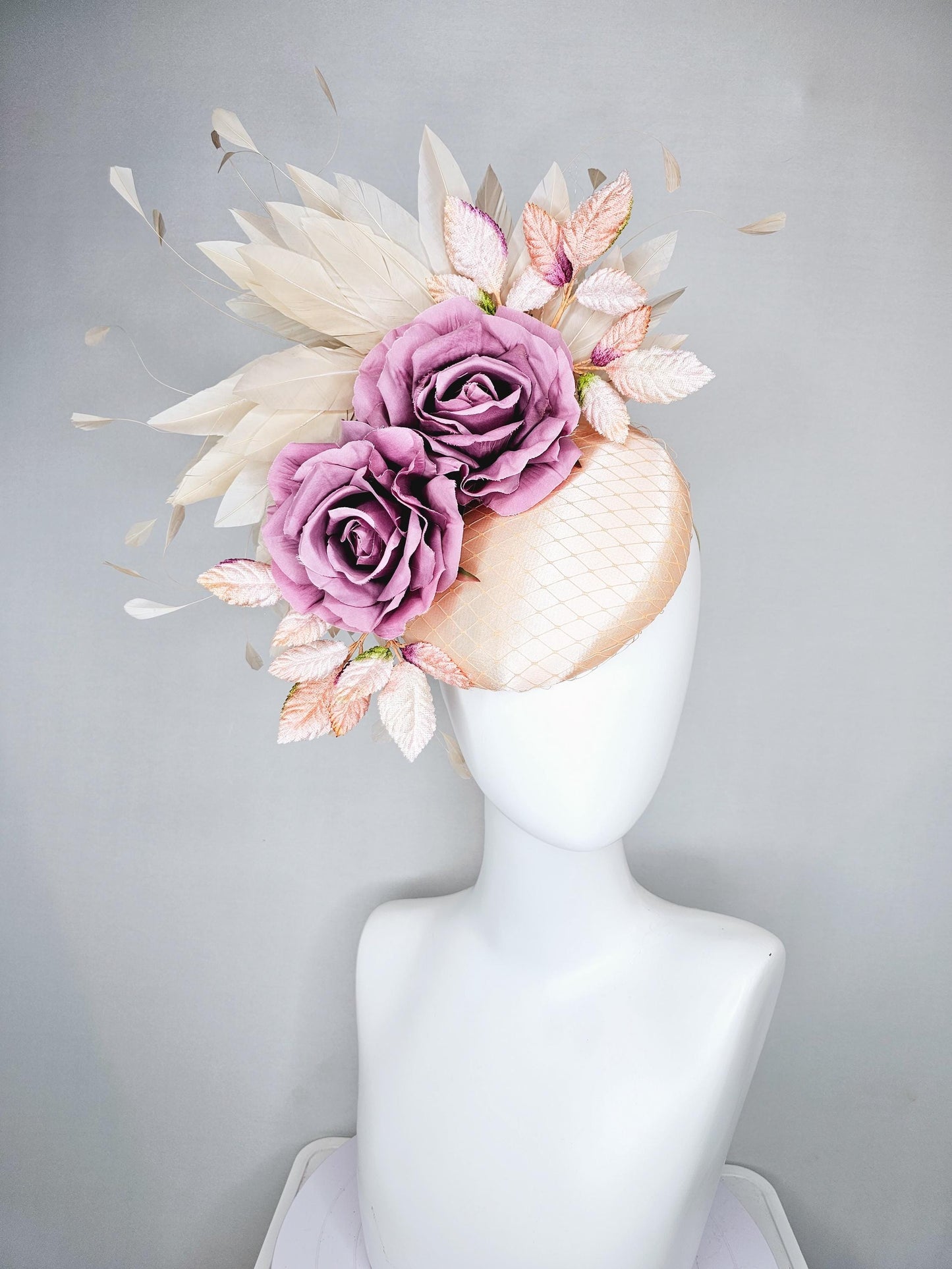 kentucky derby hat fascinator champagne satin with netting,lilac pink purple satin rose flowers,light pink leaves,neutral beige feathers