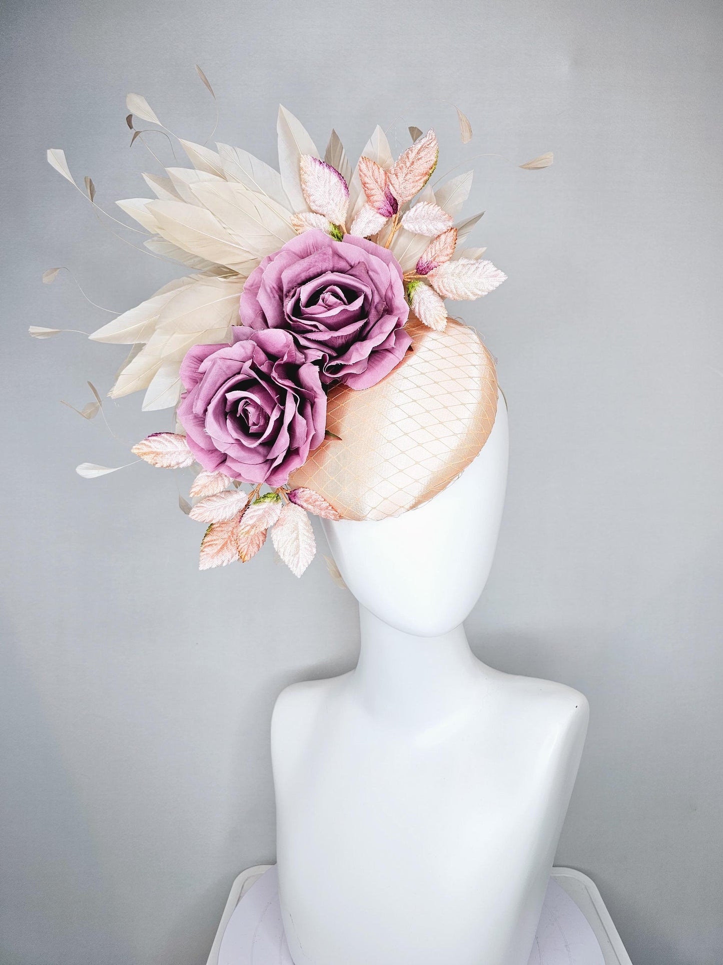 kentucky derby hat fascinator champagne satin with netting,lilac pink purple satin rose flowers,light pink leaves,neutral beige feathers